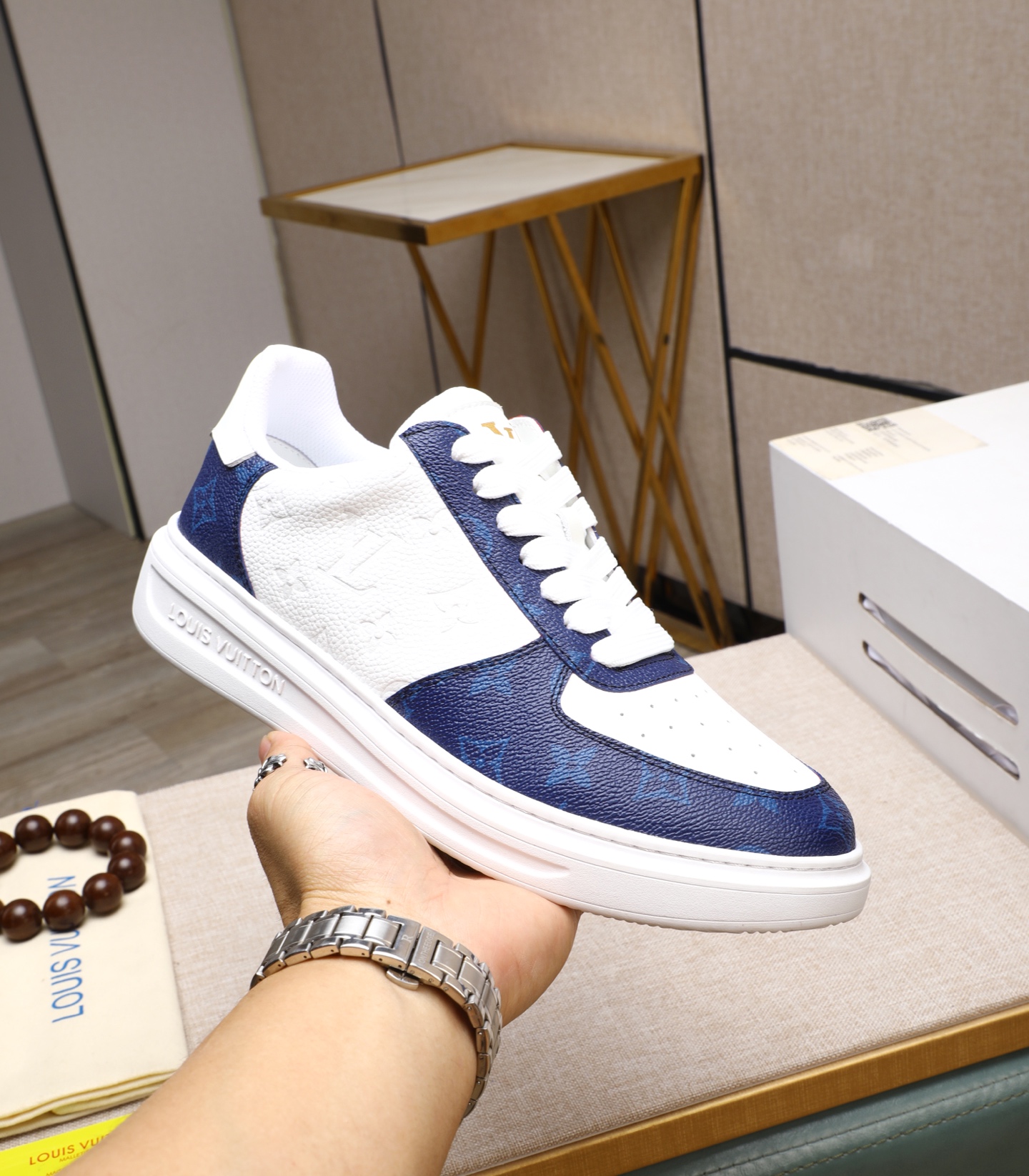 Louis Vuitton Men's White Leather and Blue Canvas Casual Sneakers 6 i1741938692244 7197 0 4