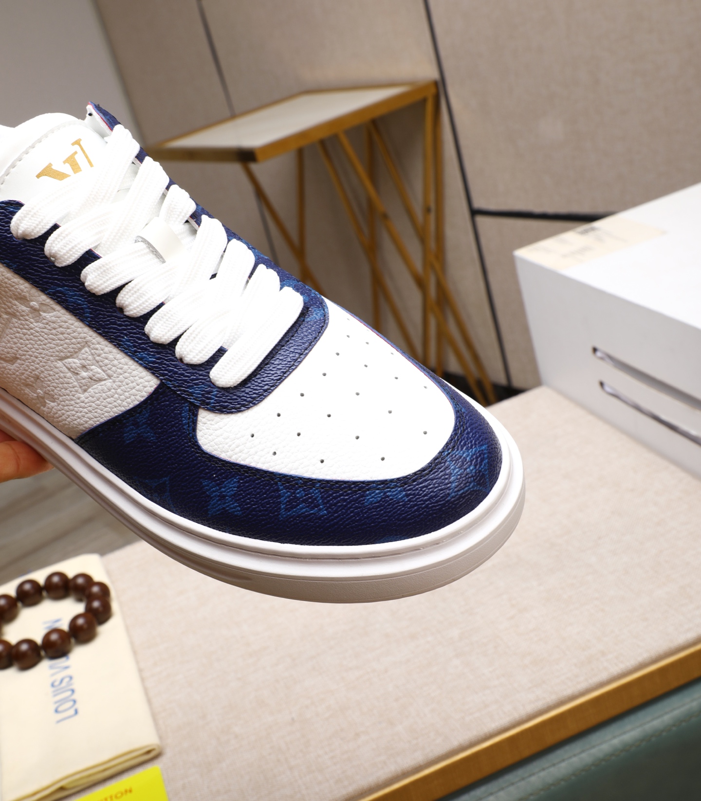 Louis Vuitton Men's White Leather and Blue Canvas Casual Sneakers 9 i1741938692261 895 0 7