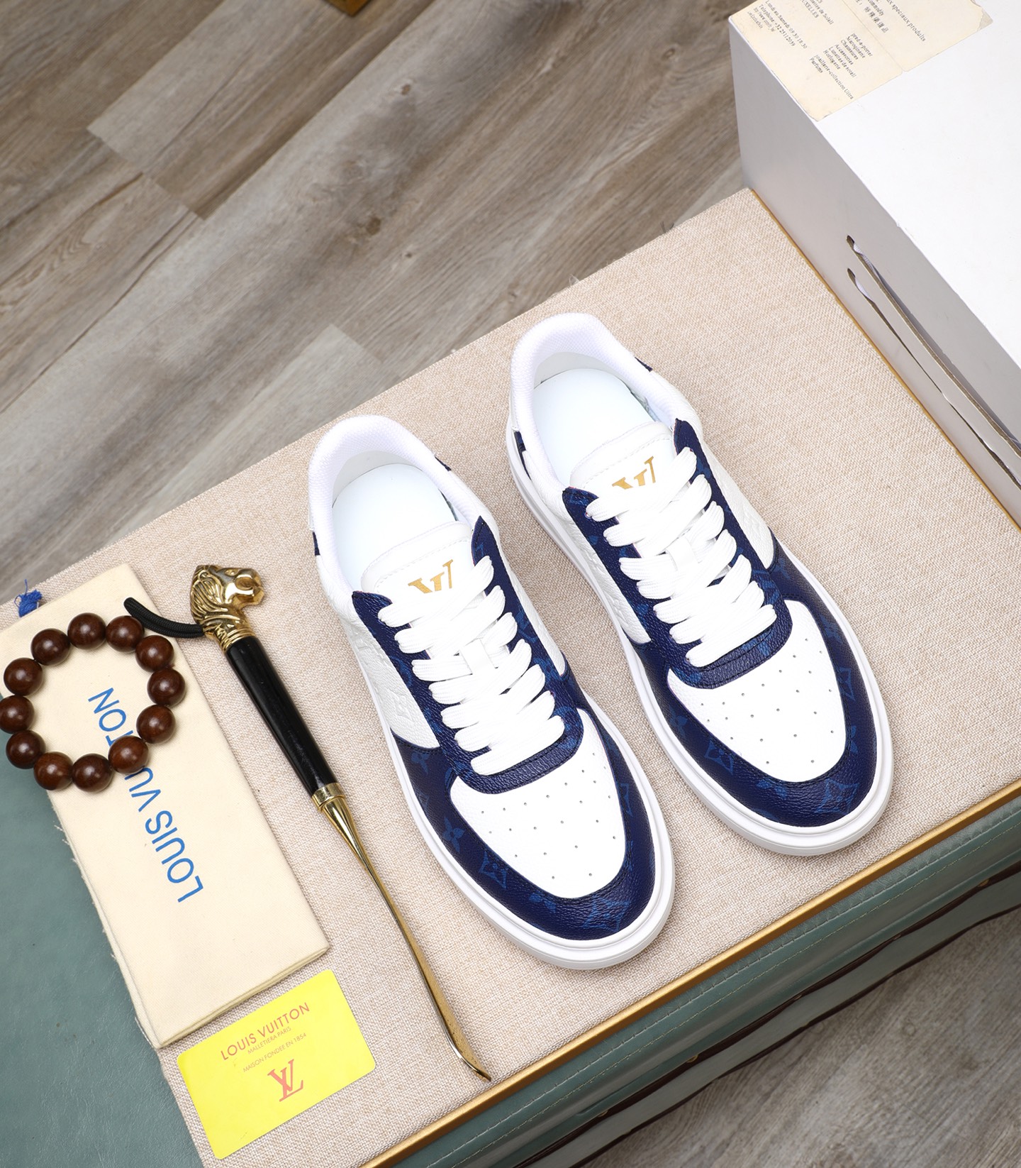 Louis Vuitton Men's White Leather and Blue Canvas Casual Sneakers 3 i1741938693116 9491 0 1