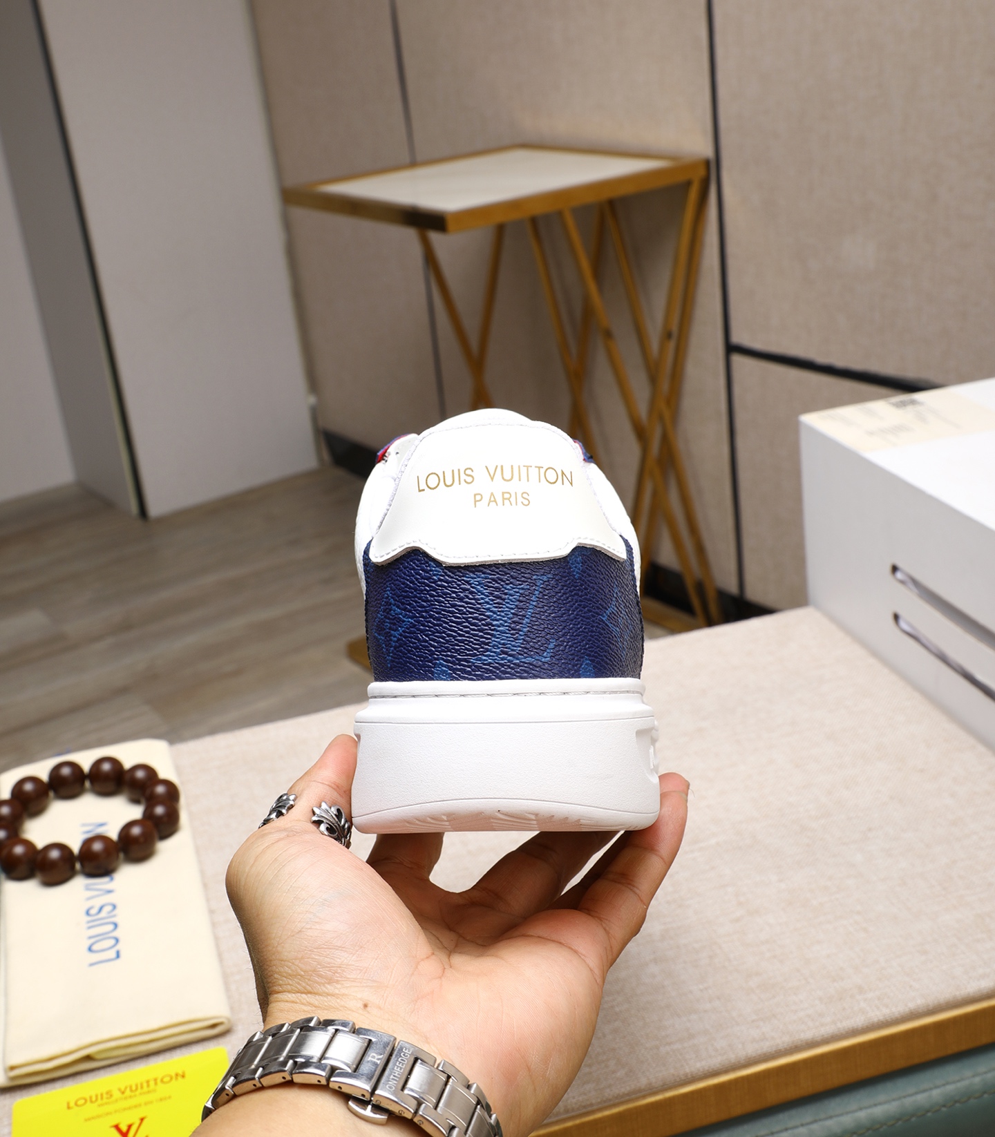 Louis Vuitton Men's White Leather and Blue Canvas Casual Sneakers 10 i1741938693139 183 0 8