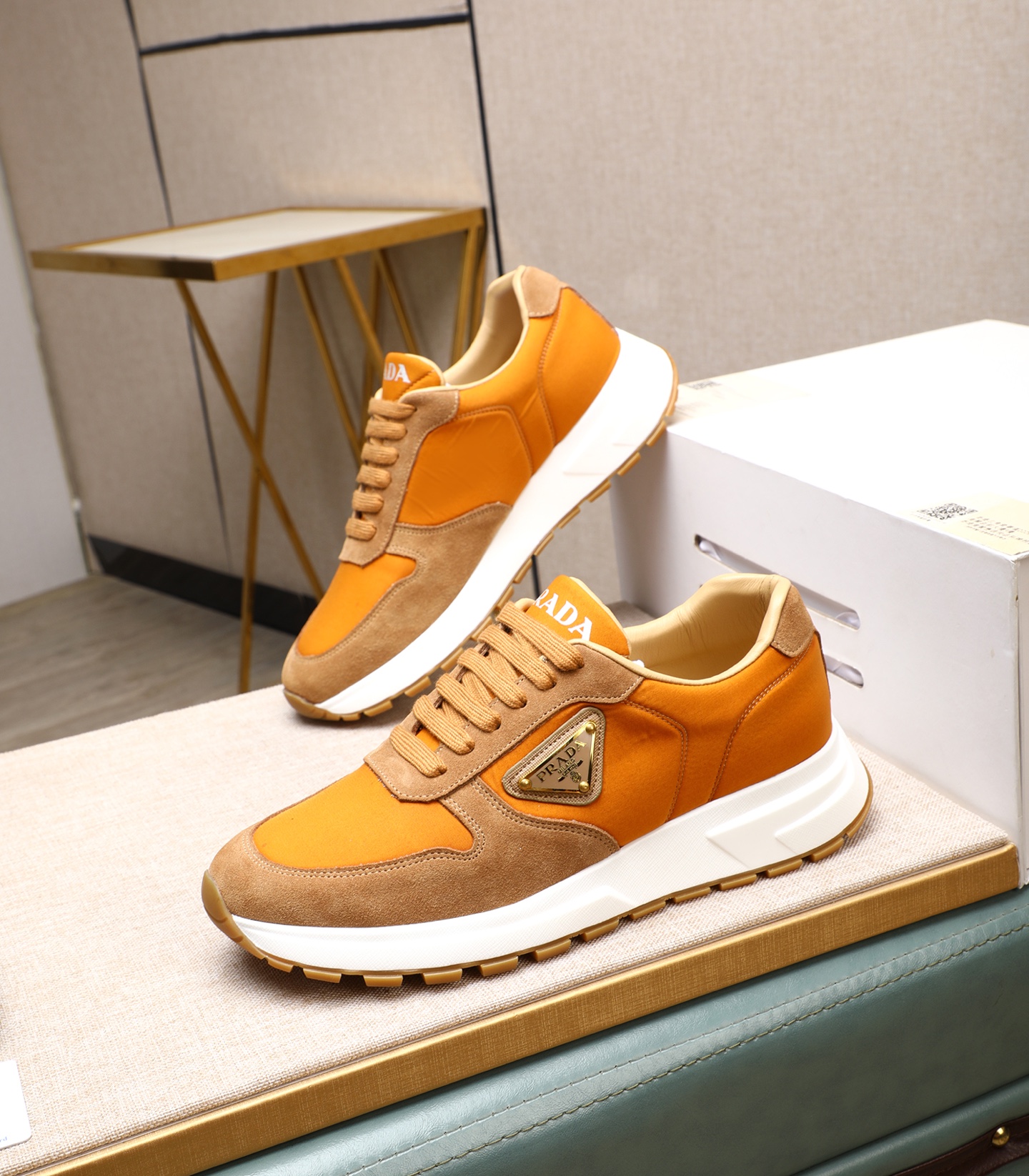Prada Men's Leather and Suede Sneakers - Orange and Brown, Size 38-44