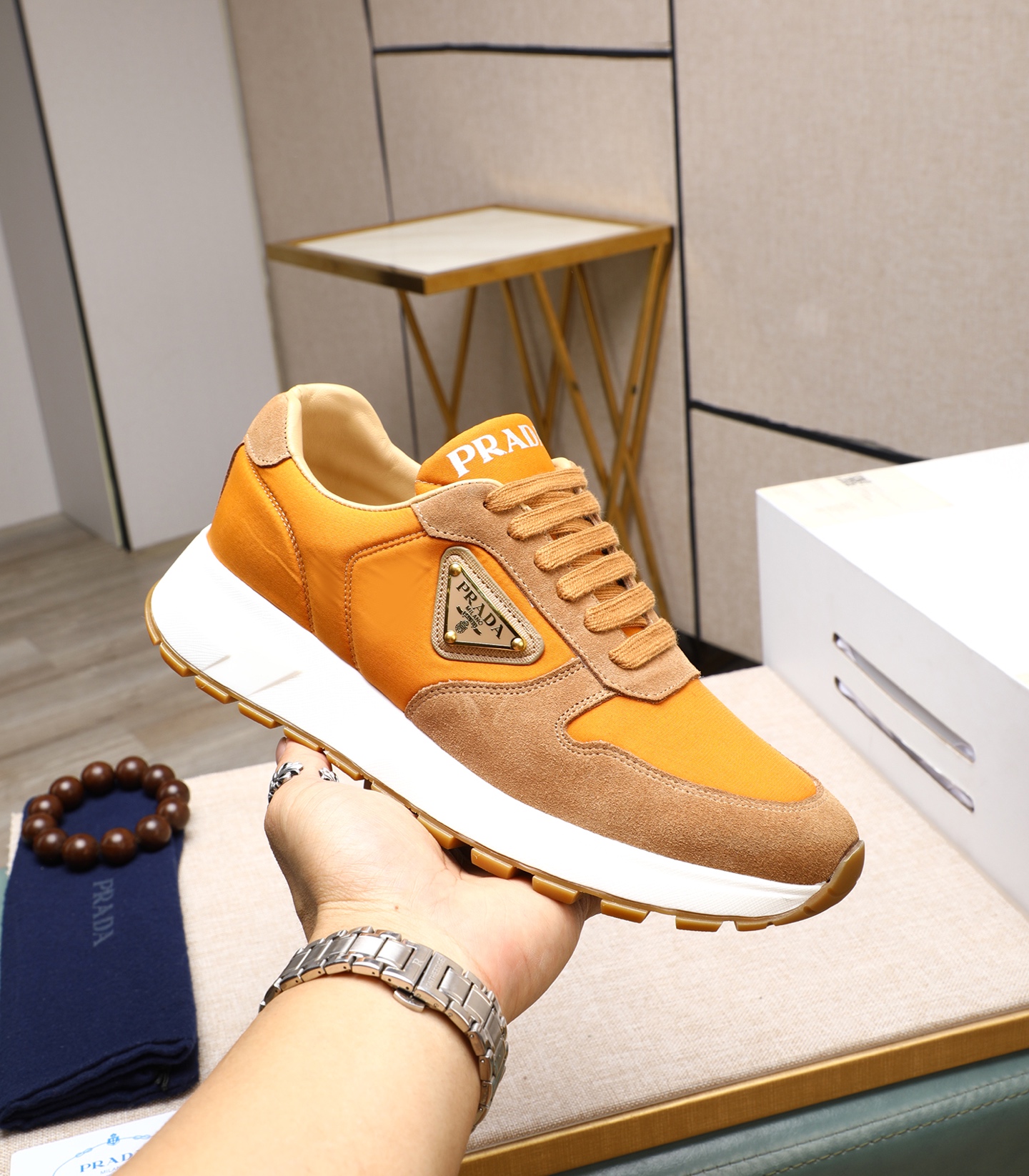 Prada Men's Leather and Suede Sneakers - Orange and Brown, Size 38-44 6 i1741938827954 1830 0 4