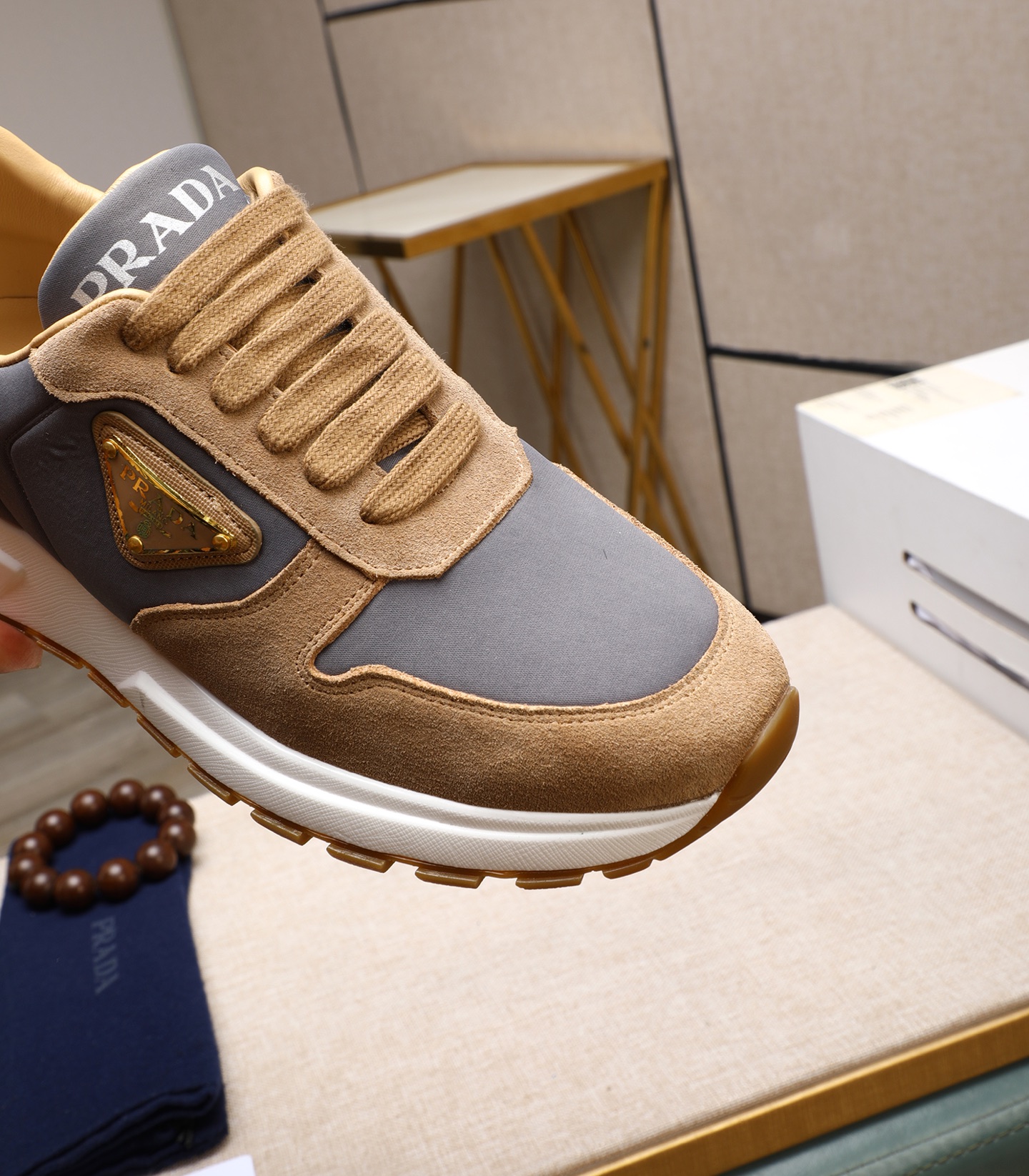 Prada Men's Suede and Leather Sneakers,Size 38-44, Gray/Tan 8 i1741938861375 6893 0 6