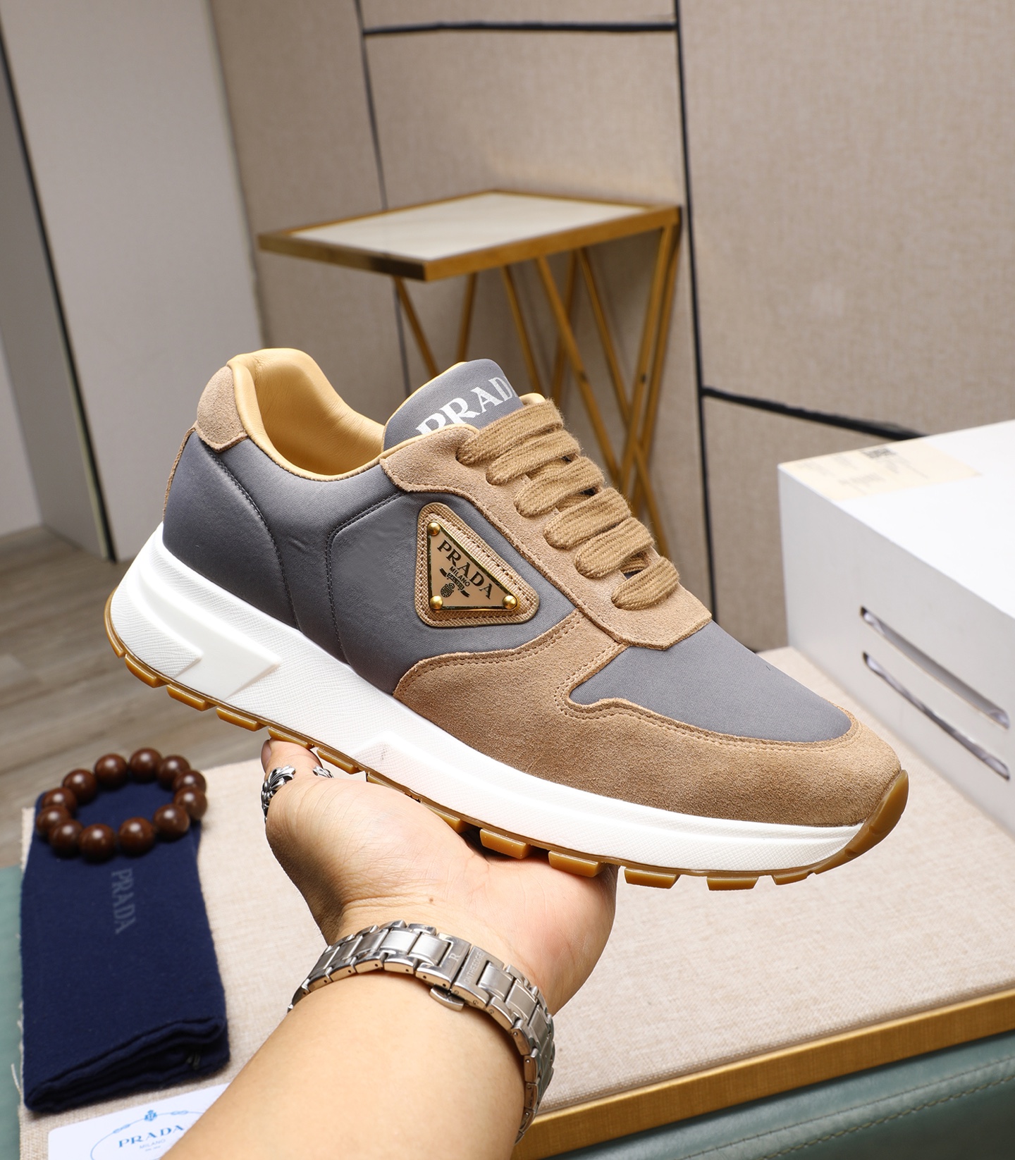 Prada Men's Suede and Leather Sneakers,Size 38-44, Gray/Tan 6 i1741938862534 8430 0 4