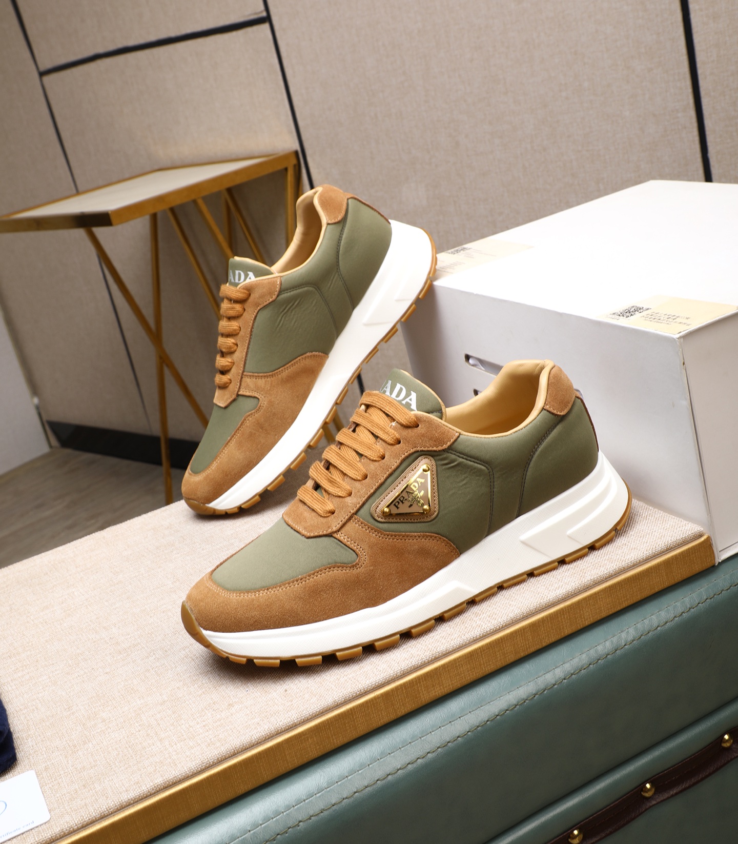 Prada Men's Leather and Suede Sneakers - Olive & Brown