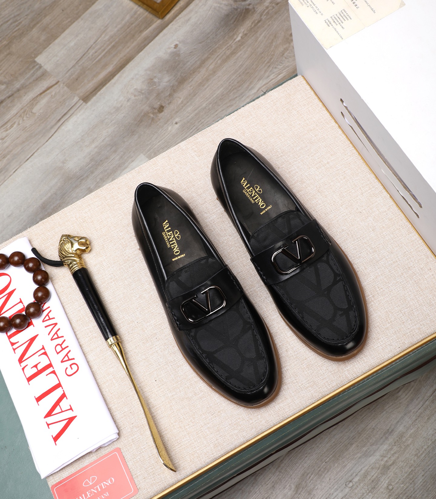 Valentino Men's Black Leather Loafers With Logo Buckle, Size 38-44