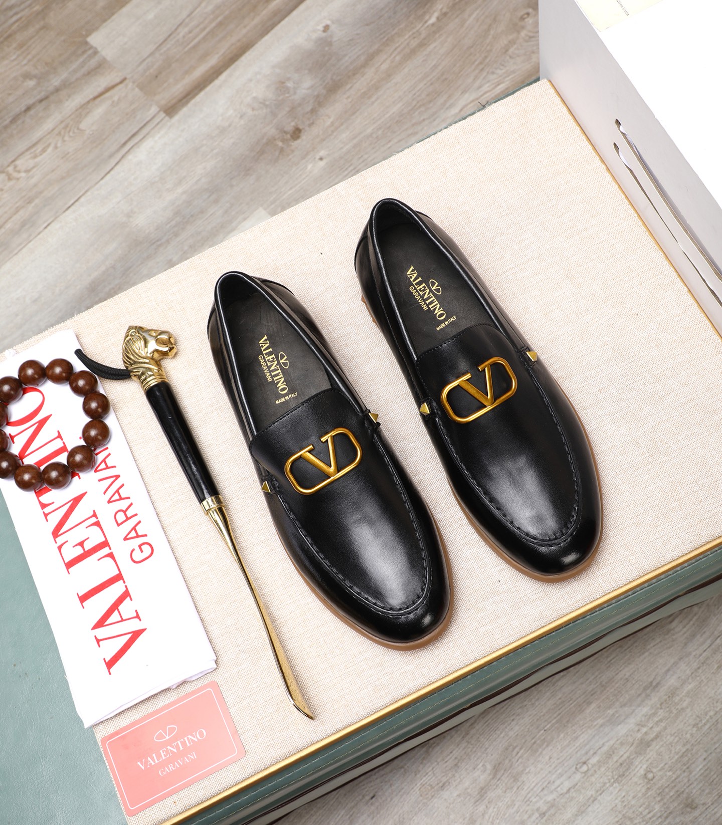 Valentino Garavani Men's Leather Loafers with Gold Logo Accent