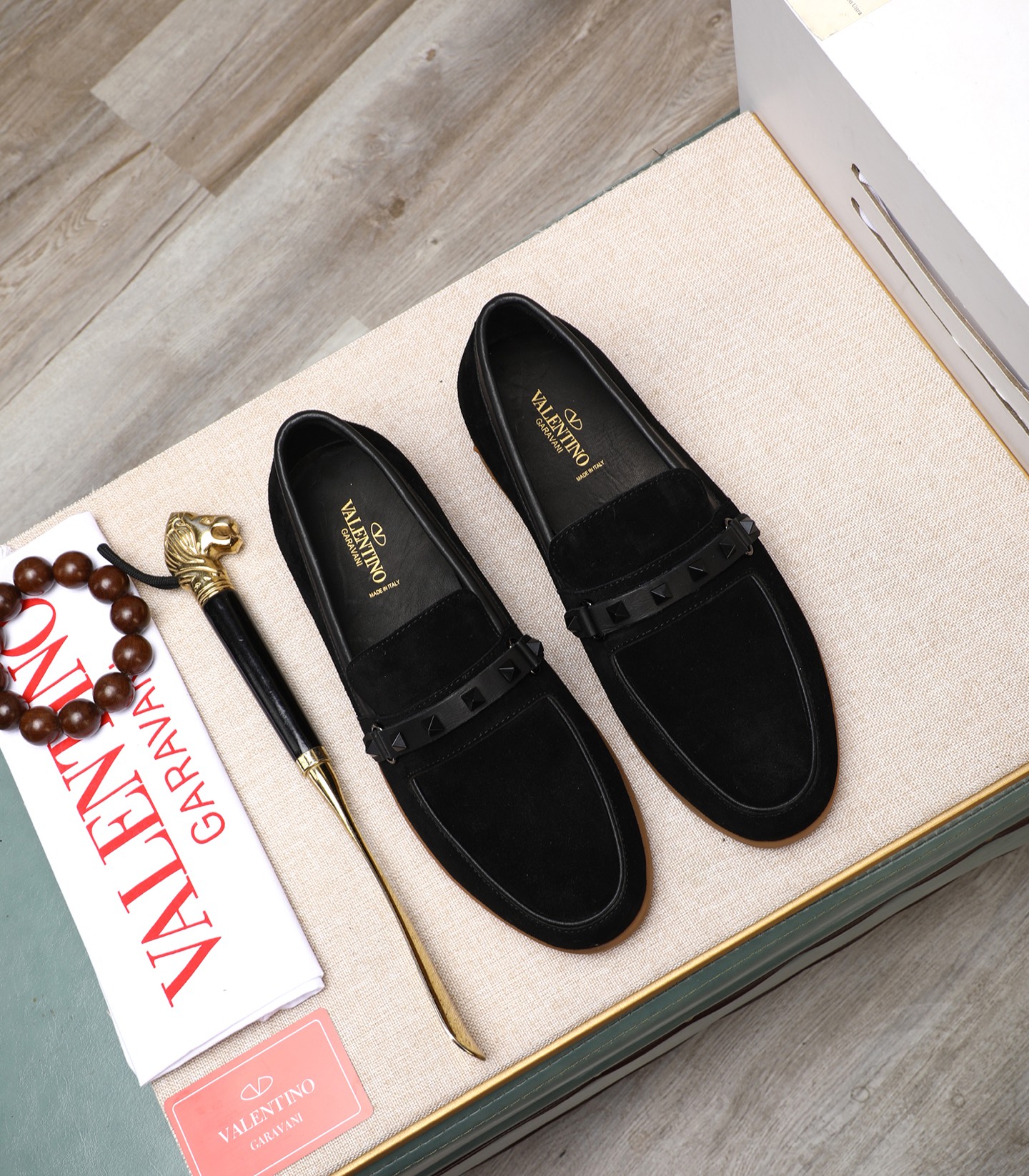 Valentino Men's Black Suede Leather Loafers with Studded Strap, Sizes 38-44