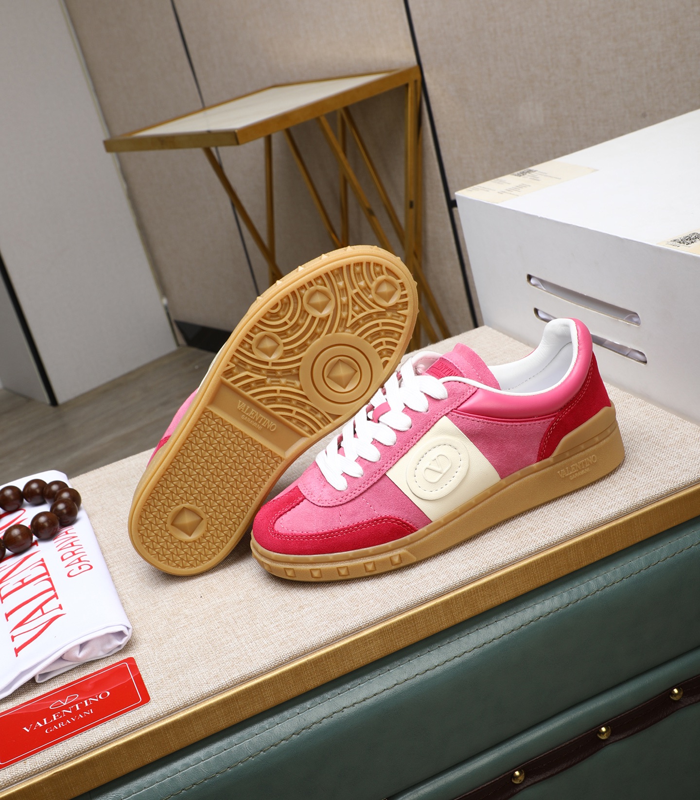 Valentino Garavani UPVILLAGE Pink Leather & Suede Studded Sneakers 5 i1742543071317 7851 0 3