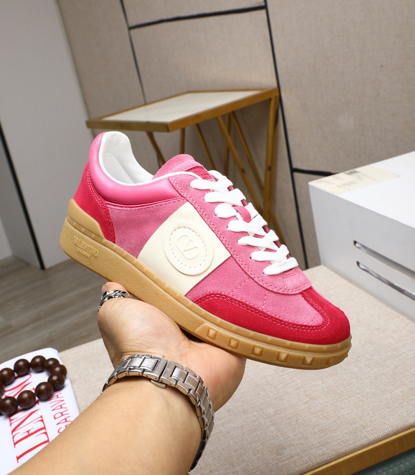Valentino Garavani UPVILLAGE Pink Leather & Suede Studded Sneakers 6 i1742543072032 3990 0 4