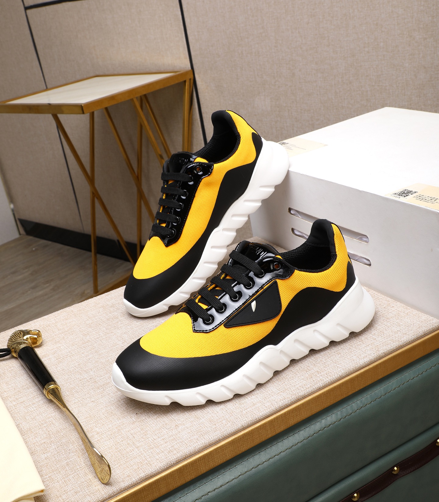 Fendi Tag Men's Black and Yellow Tech Mesh Sneakers, Size 39-44