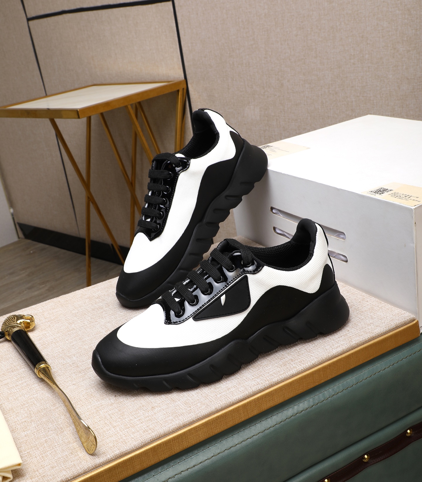 Fendi Tag Men's Black & White Tech Mesh Sneakers with Rubber Sole