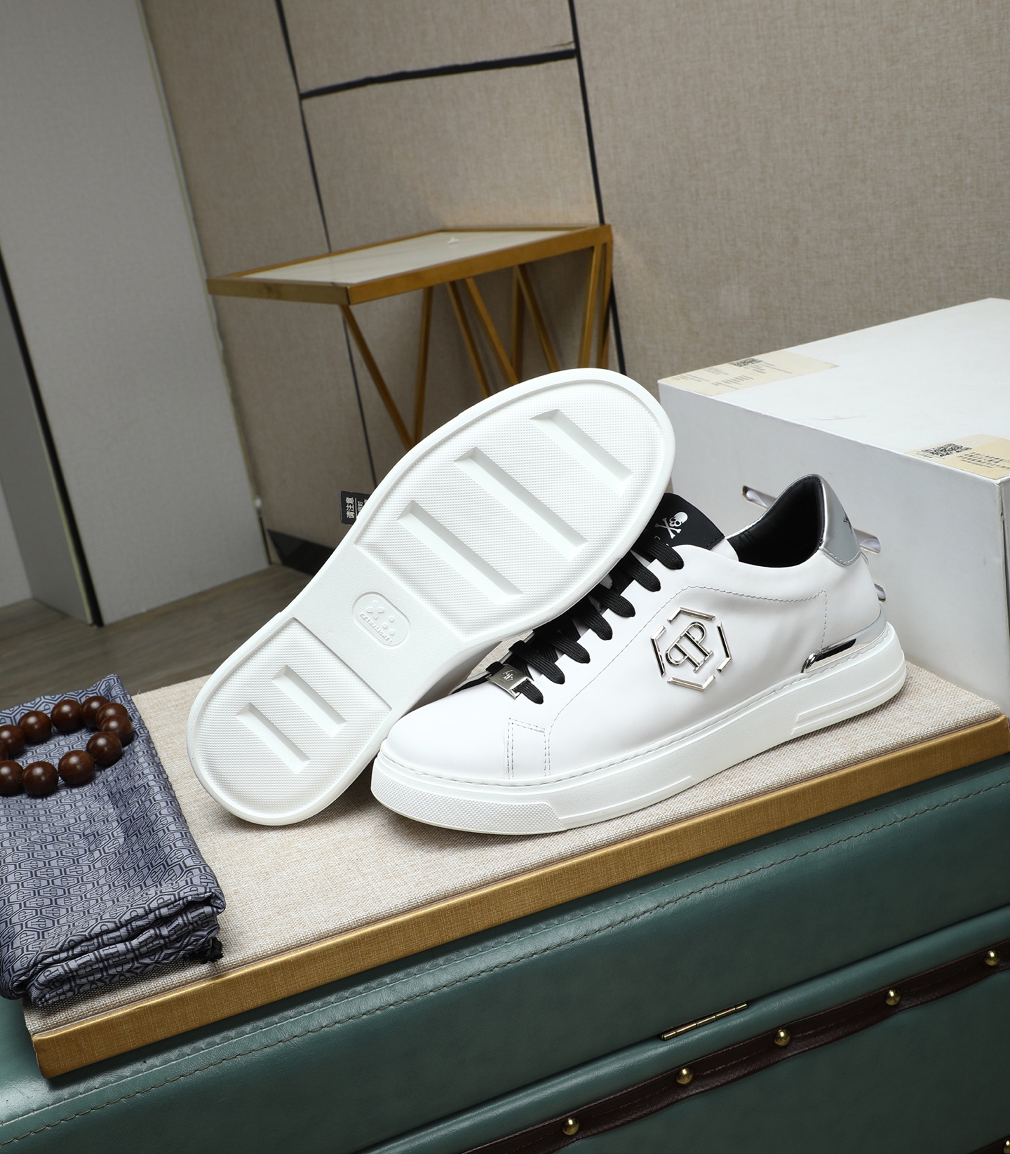 Philipp Plein White Leather Sneakers with Metal Logo and Punk Details 5 i1743147935500 6175 0 3