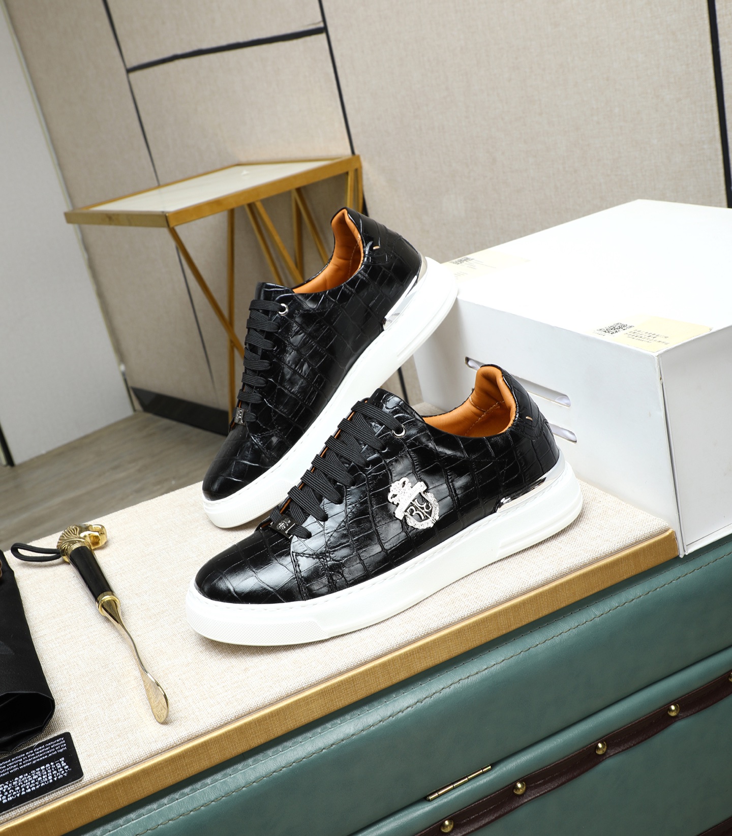 Philipp Plein Men's Black Leather Sneakers with Crocodile Print 1 Philipp Plein Men's Black Leather Sneakers with Crocodile Print