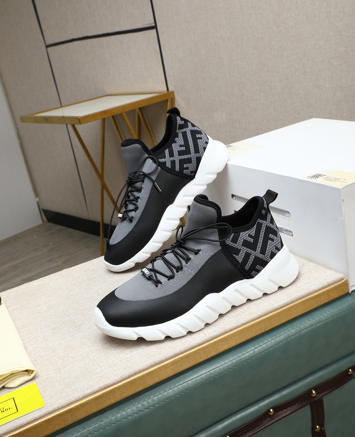 Fendi Men's Tag Series Black/Gray Knit & Neoprene Lace-Up Running Sneakers 1 Fendi Men's Tag Series Black/Gray Knit & Neoprene Lace-Up Running Sneakers