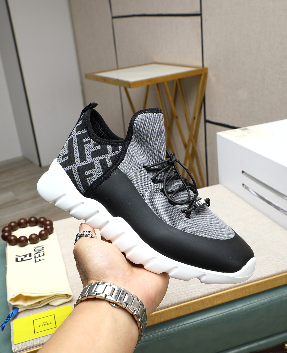 Fendi Men's Tag Series Black/Gray Knit & Neoprene Lace-Up Running Sneakers 6 i1744188091847 1581 0 4