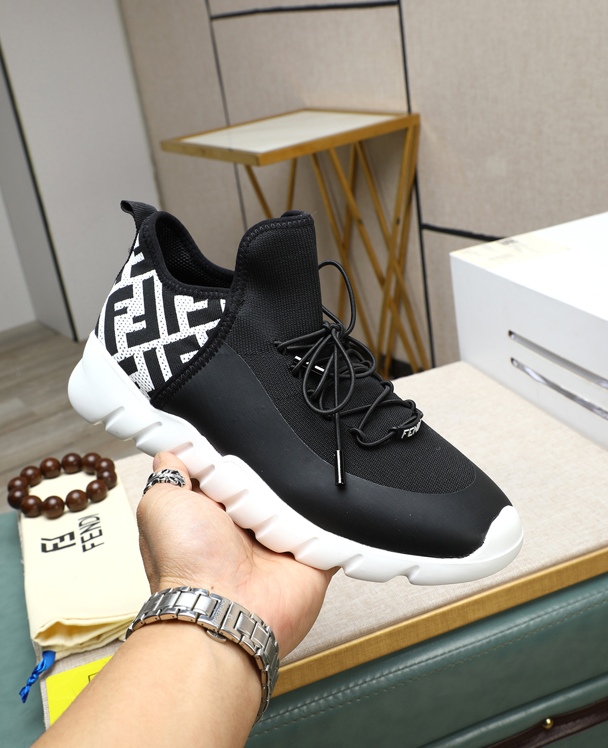 Fendi Men's Tag Series Black Tech Knit Sneakers with FF Logo Detail 6 i1744188135660 304 0 4