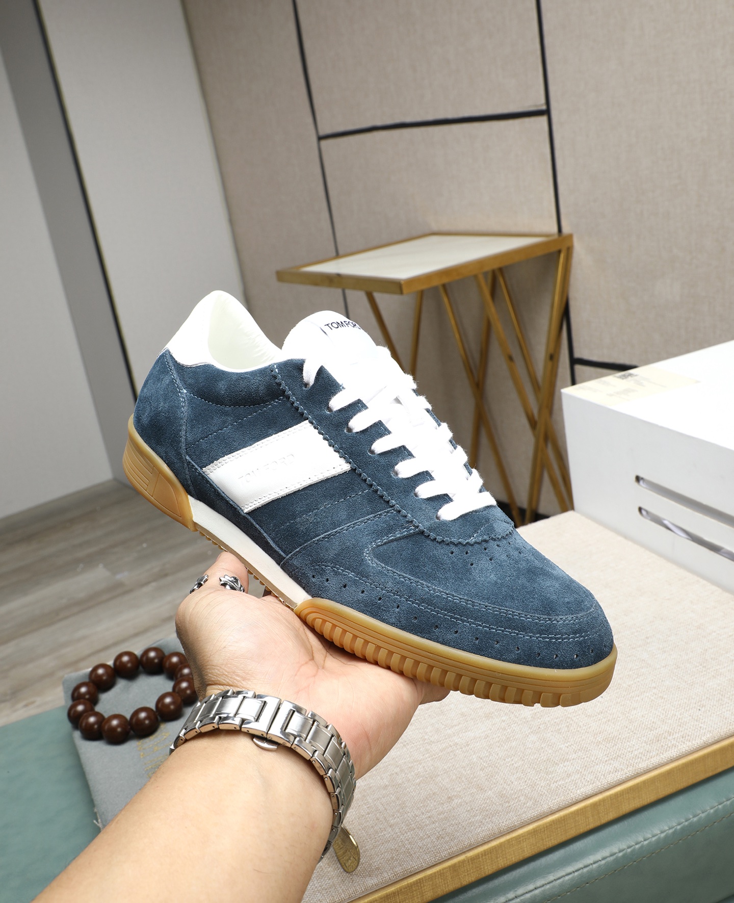 Tom Ford Men's Blue Suede Casual Sneakers with White Leather Stripe 6 i1744613666596 6939 0 4