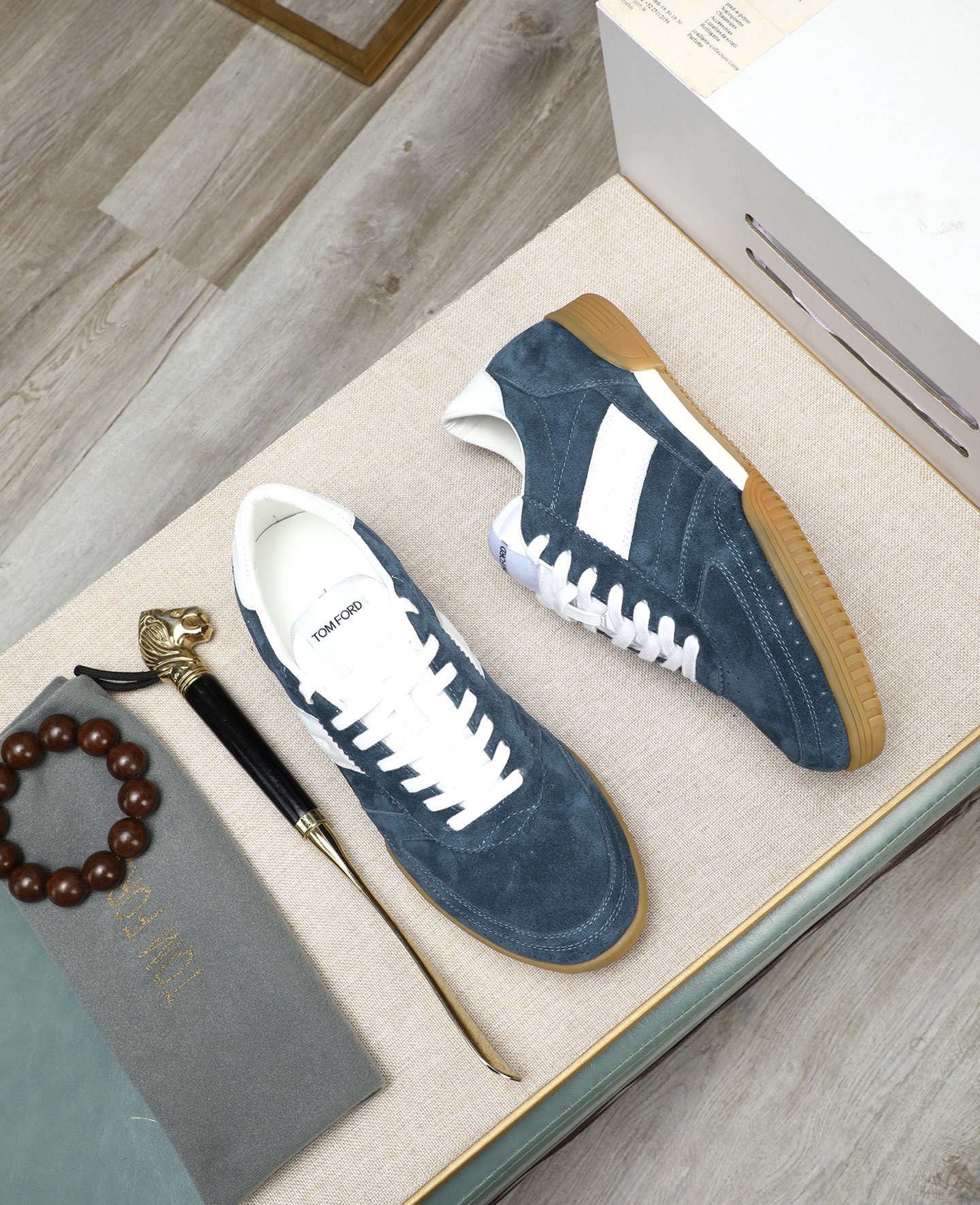 Tom Ford Men's Blue Suede Casual Sneakers with White Leather Stripe 4 i1744613666614 6569 0 2