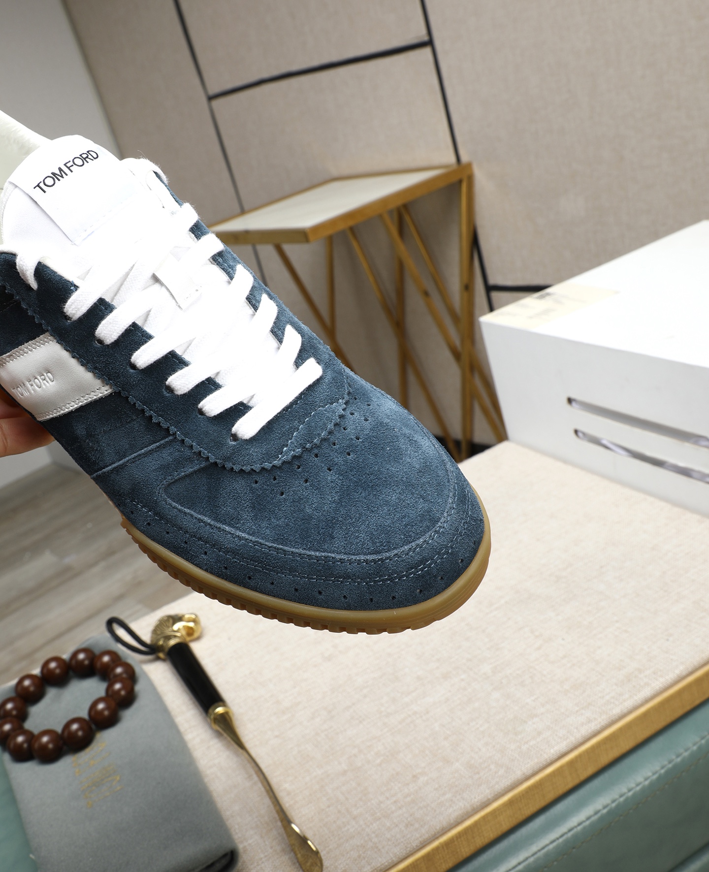 Tom Ford Men's Blue Suede Casual Sneakers with White Leather Stripe 8 i1744613667345 7257 0 6