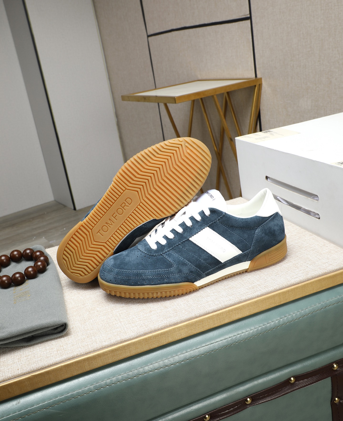 Tom Ford Men's Blue Suede Casual Sneakers with White Leather Stripe 5 i1744613667352 3468 0 3