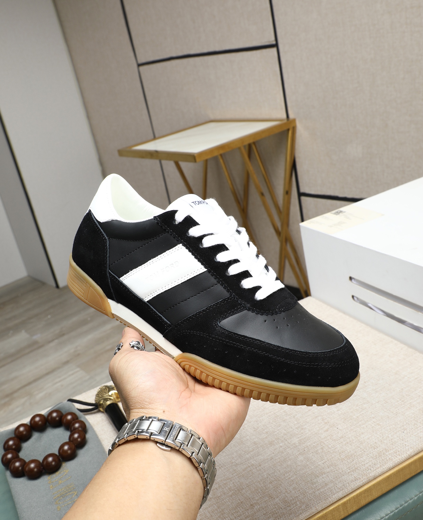 Tom Ford Men's Black & White Leather Sneakers Casual Shoes 6 i1744613683802 4784 0 4