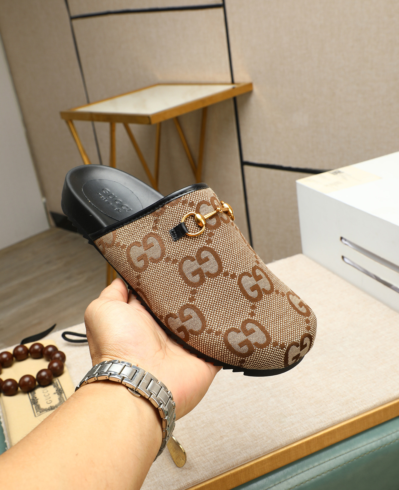 Gucci Men's Mules in Beige Canvas with Signature GG Pattern and Horsebit Detail 6 i1744789656666 9005 0 4