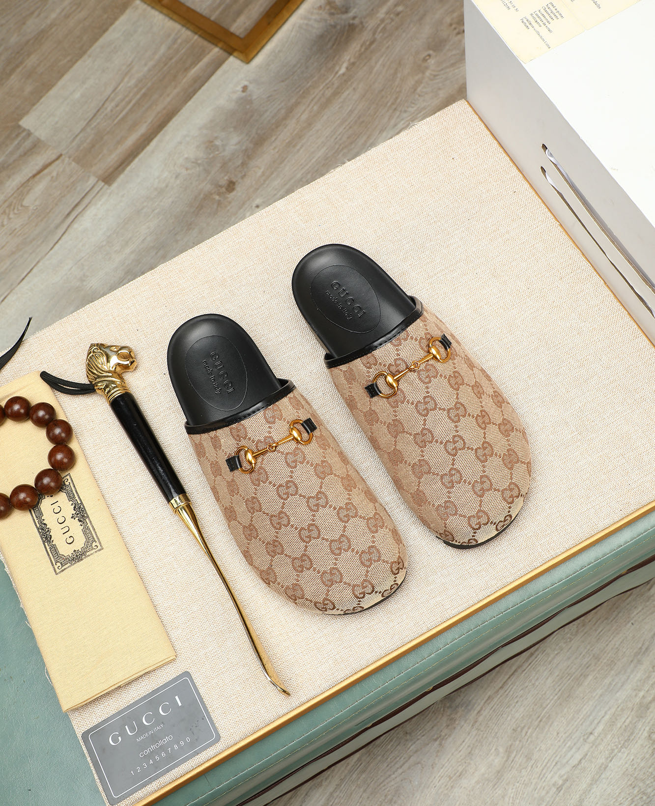 Gucci Men's Mules in Beige GG Canvas with Horsebit Detail, Size 38-44 1 Gucci Men's Mules in Beige GG Canvas with Horsebit Detail, Size 38-44