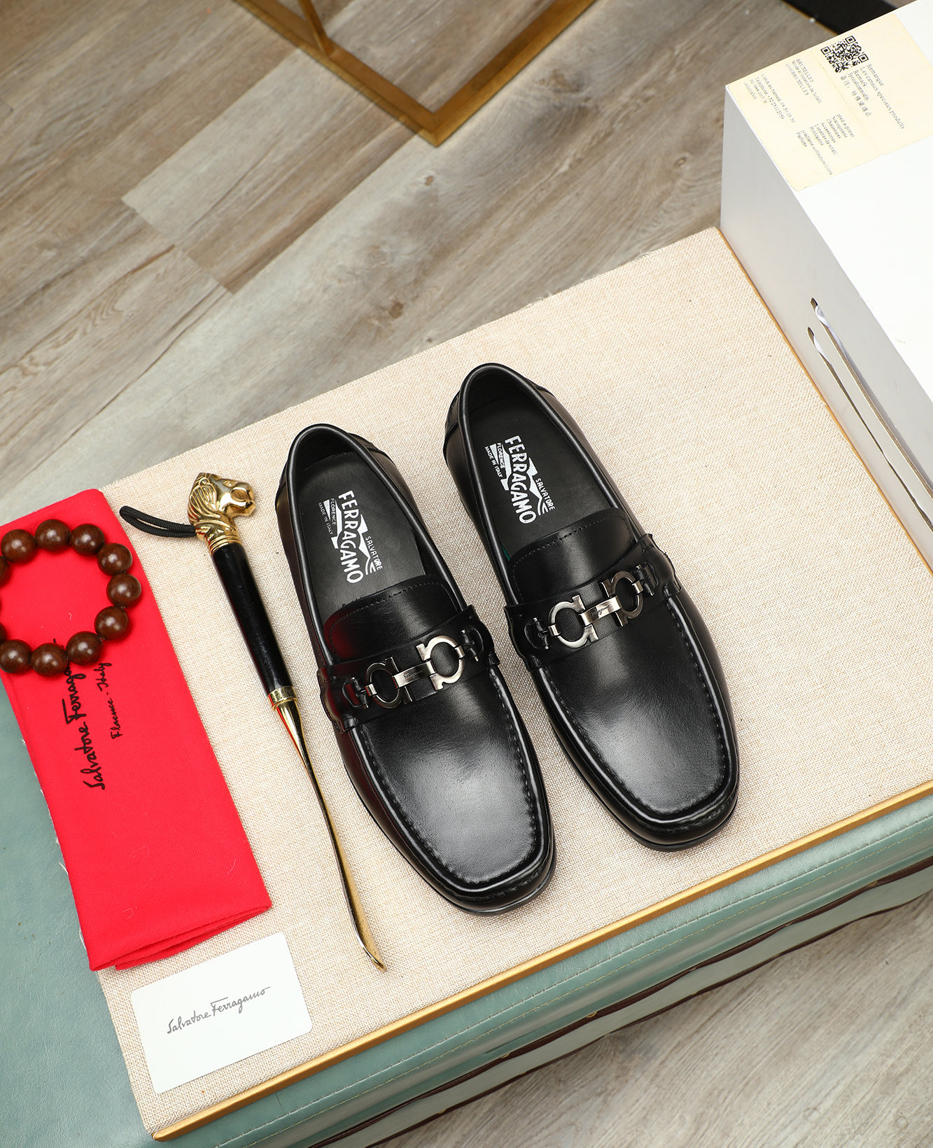 Salvatore Ferragamo Men's Black Leather Loafers with Metal Buckle Detail 1 Salvatore Ferragamo Men's Black Leather Loafers with Metal Buckle Detail