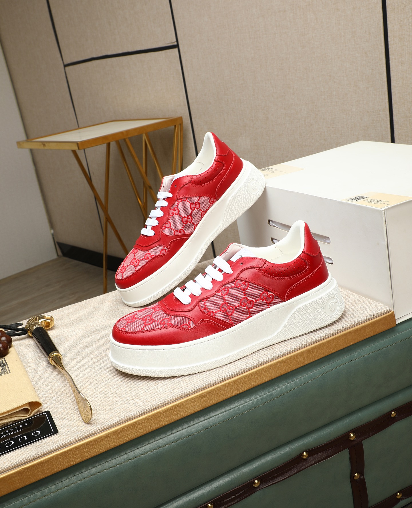 Gucci Men's Red Leather Lace-Up Sneakers with GG Supreme Pattern 4 i1745221068454 4584 0 2