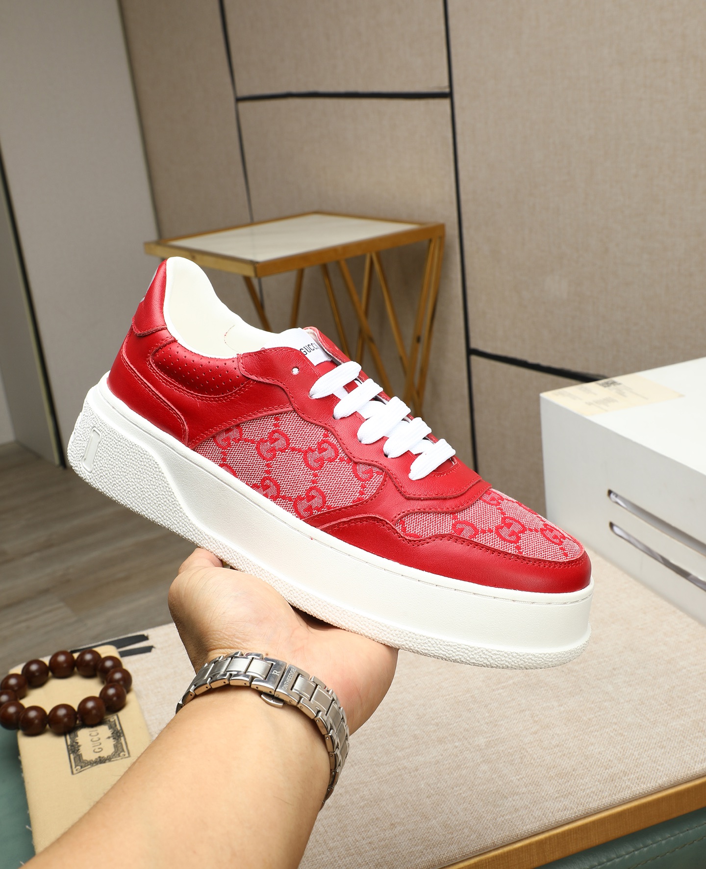 Gucci Men's Red Leather Lace-Up Sneakers with GG Supreme Pattern 6 i1745221068567 1235 0 4