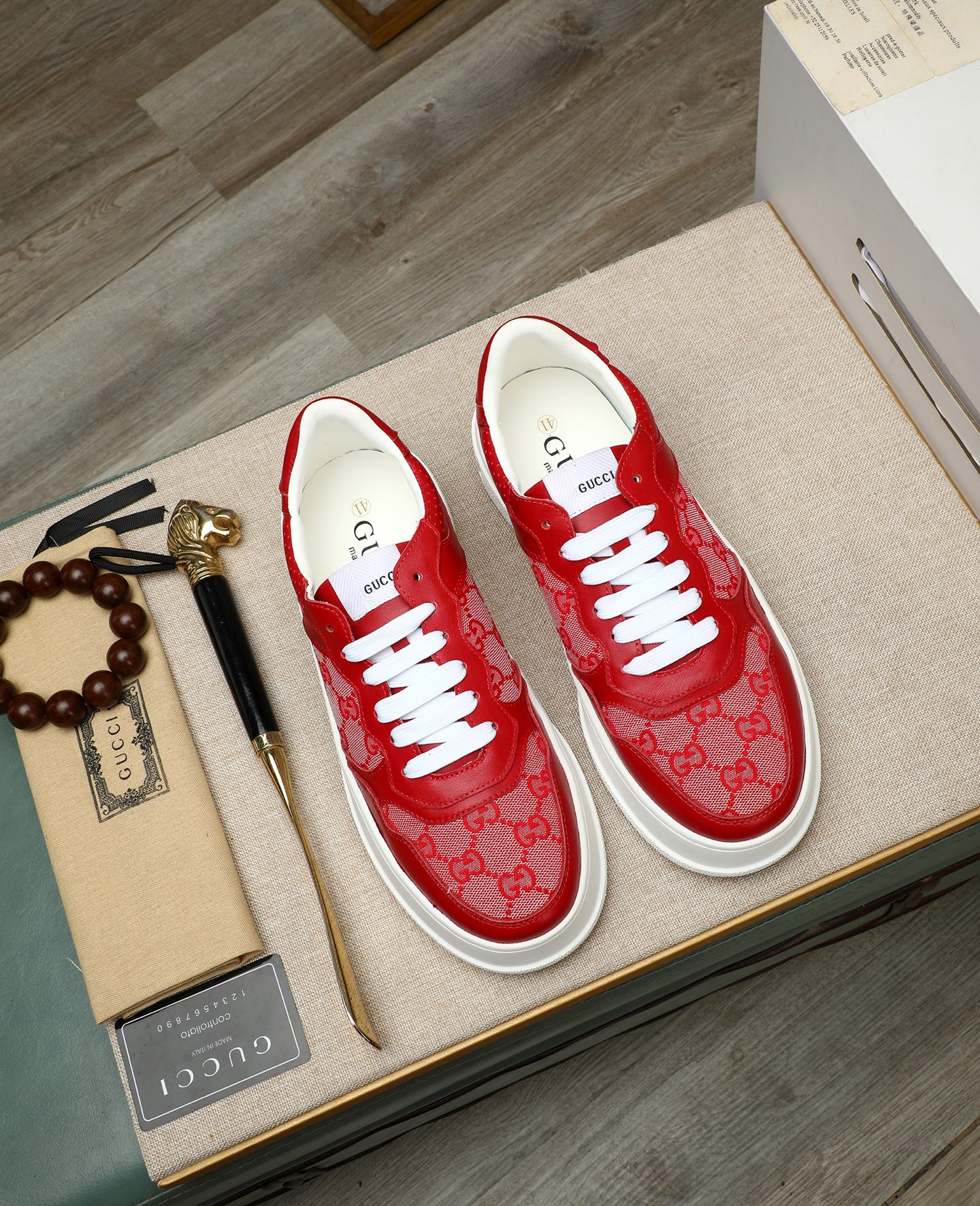 Gucci Men's Red Leather Lace-Up Sneakers with GG Supreme Pattern 2 i1745221068597 6620 0 0