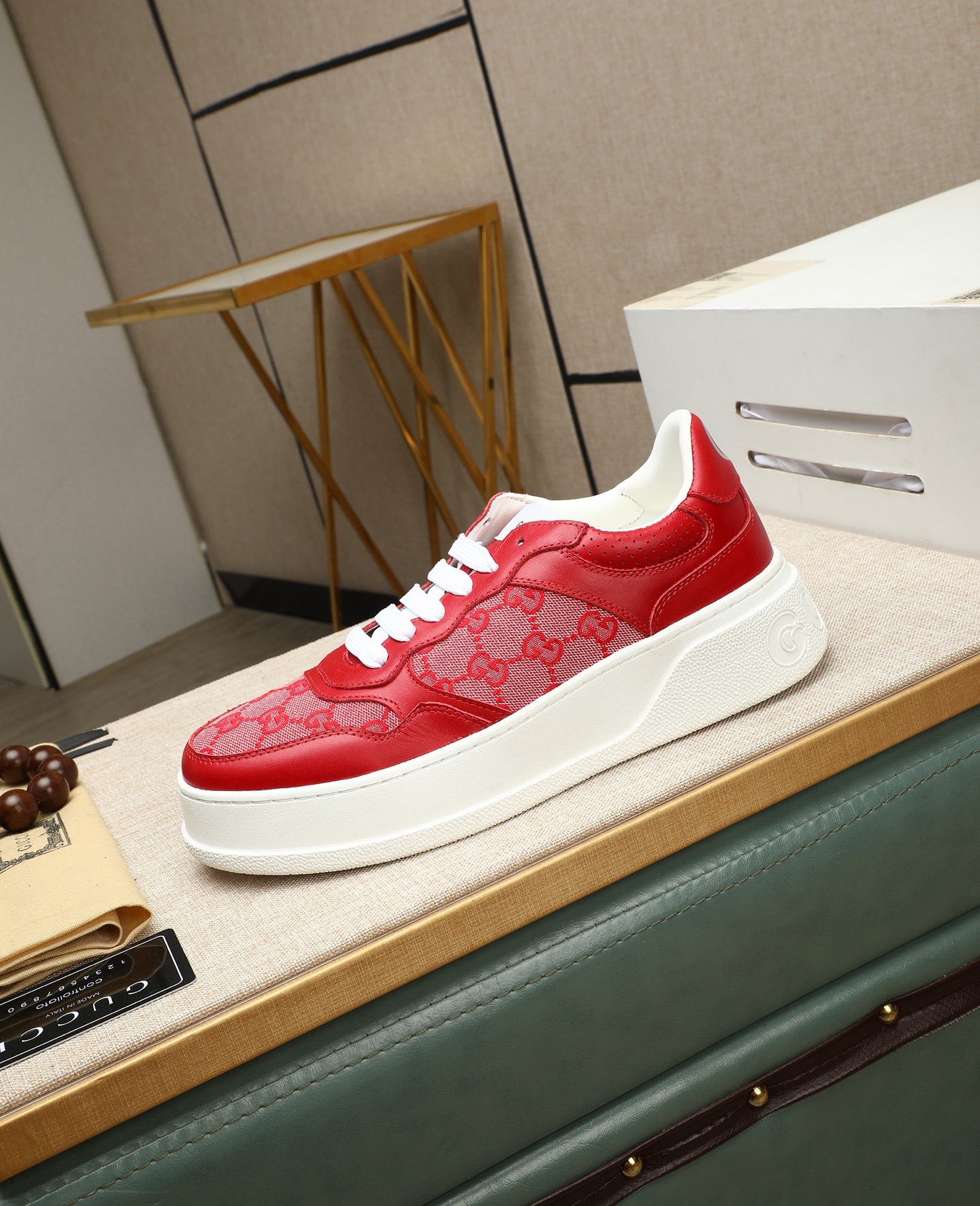 Gucci Men's Red Leather Lace-Up Sneakers with GG Supreme Pattern 7 i1745221069213 1915 0 5