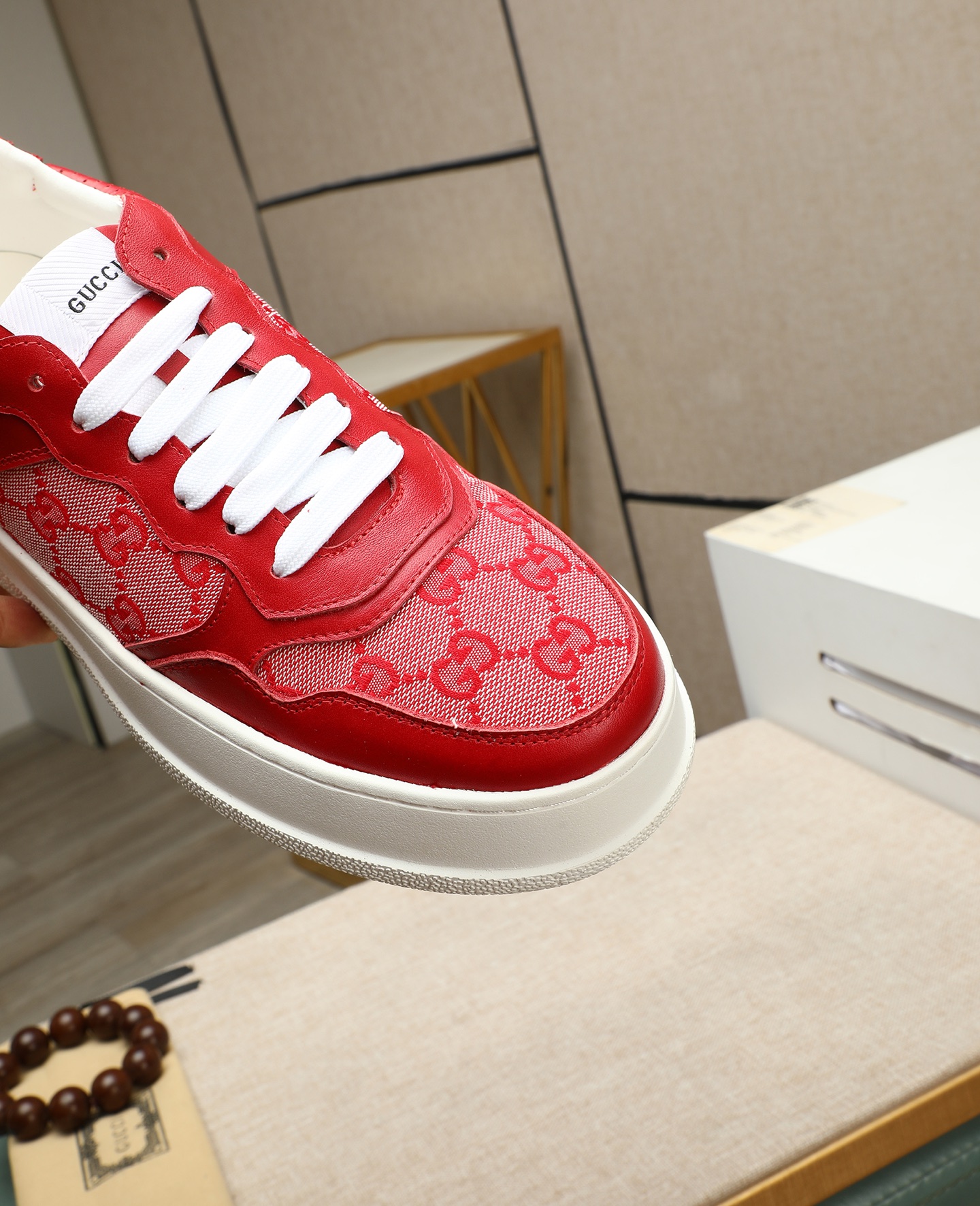 Gucci Men's Red Leather Lace-Up Sneakers with GG Supreme Pattern 10 i1745221069318 4435 0 8