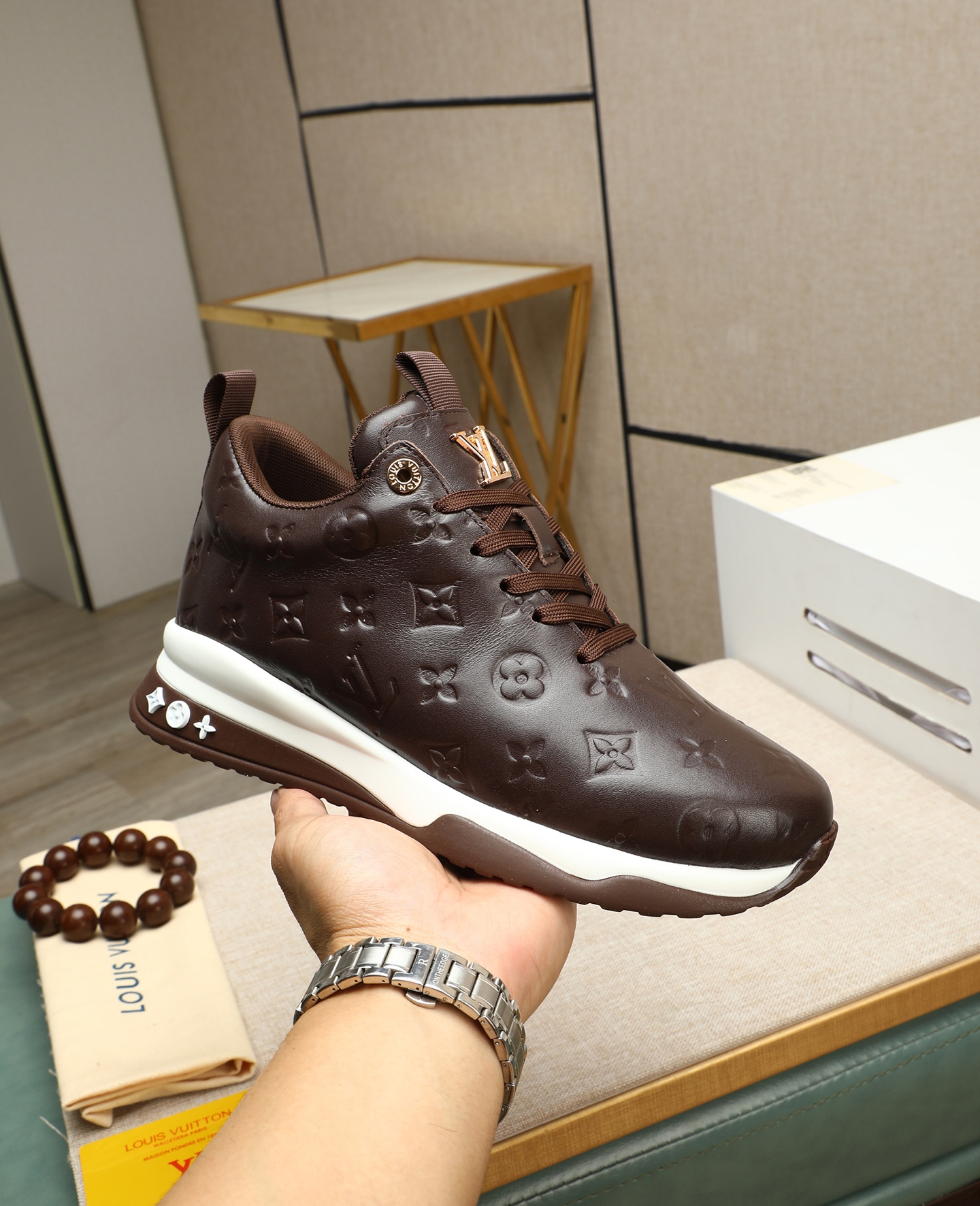 Louis Vuitton Men's Brown Leather Run Away Pulse Sneakers, Size 39-44 1 Louis Vuitton Men's Brown Leather Run Away Pulse Sneakers, Size 39-44