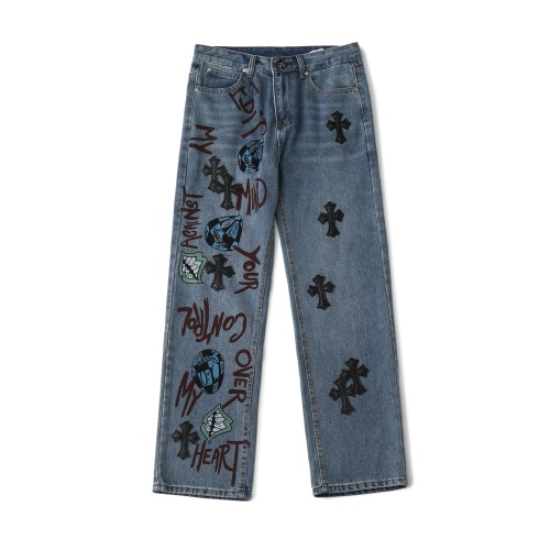 Chrome Hearts Vintage Washed Jeans with Cross Patches and Slogan Print 1 Chrome Hearts Vintage Washed Jeans with Cross Patches and Slogan Print