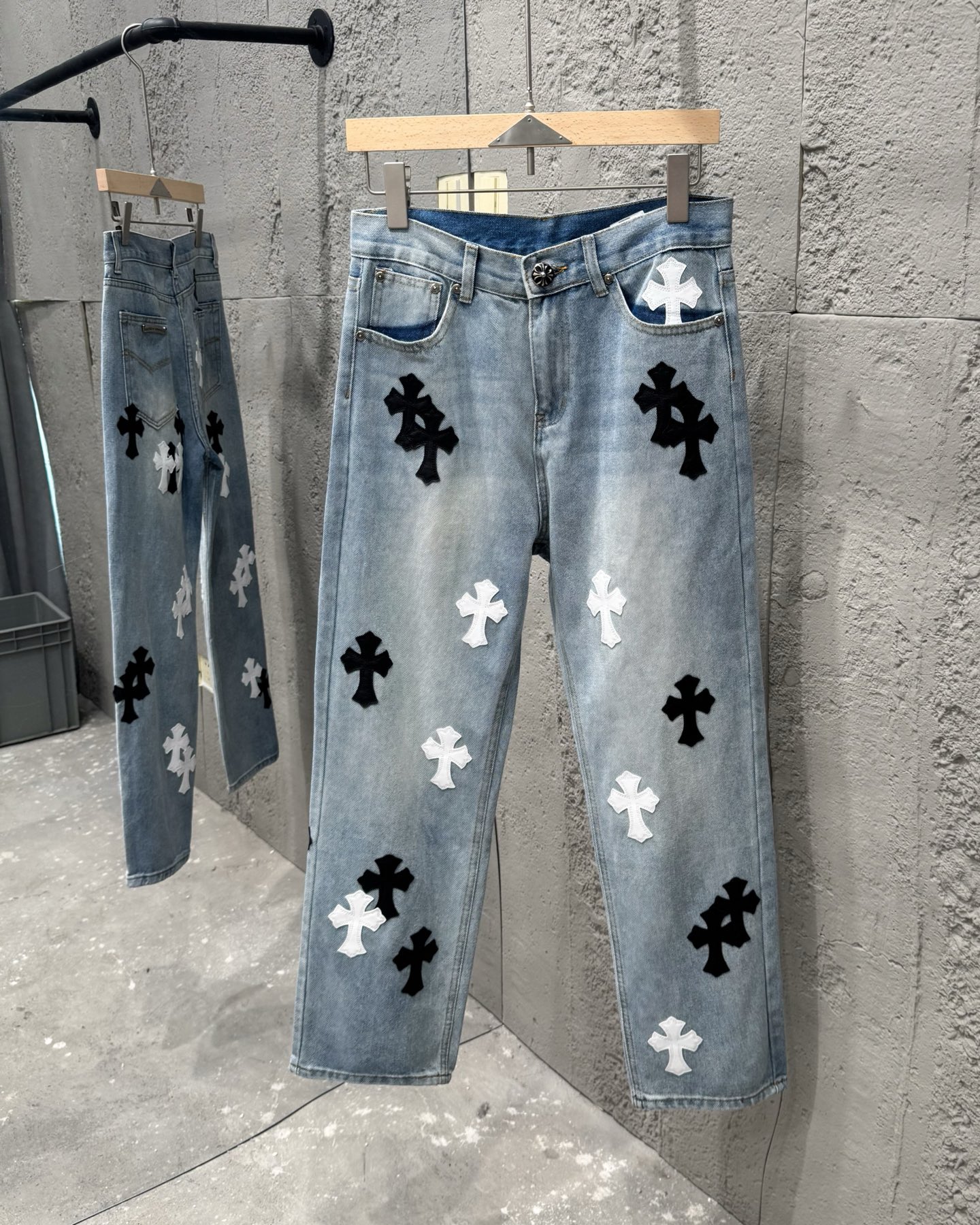 Chrome Hearts Distressed Denim Jeans with Cross Patches - High-Waisted Fit