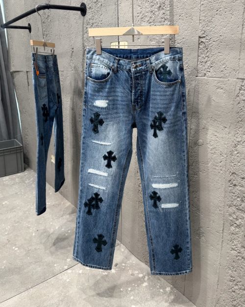 Chrome Hearts Distressed Denim Jeans with Cross Patches - Washed Blue 1 Chrome Hearts Distressed Denim Jeans with Cross Patches - Washed Blue