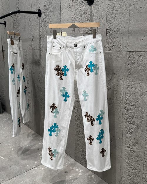 Chrome Hearts White Jeans with Leopard and Blue Cross Patches - Stylish Denim 1 Chrome Hearts White Jeans with Leopard and Blue Cross Patches - Stylish Denim
