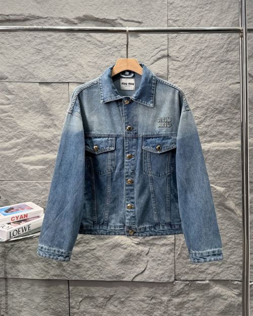 Miu Miu Women's Denim Jacket With Appliqué and Button Closure, Blue Wash 1 Miu Miu Women's Denim Jacket With Appliqué and Button Closure, Blue Wash