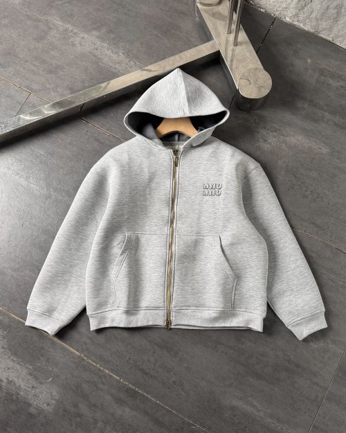 Miu Miu Women's Gray Air Cotton Zip-Up Hoodie, Casual Sweatshirt, New 2025