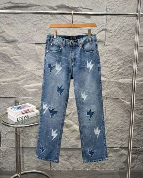 Vintage Lightning Bolt Jeans - Distressed Denim with Unique Patchwork Design 1 Vintage Lightning Bolt Jeans - Distressed Denim with Unique Patchwork Design