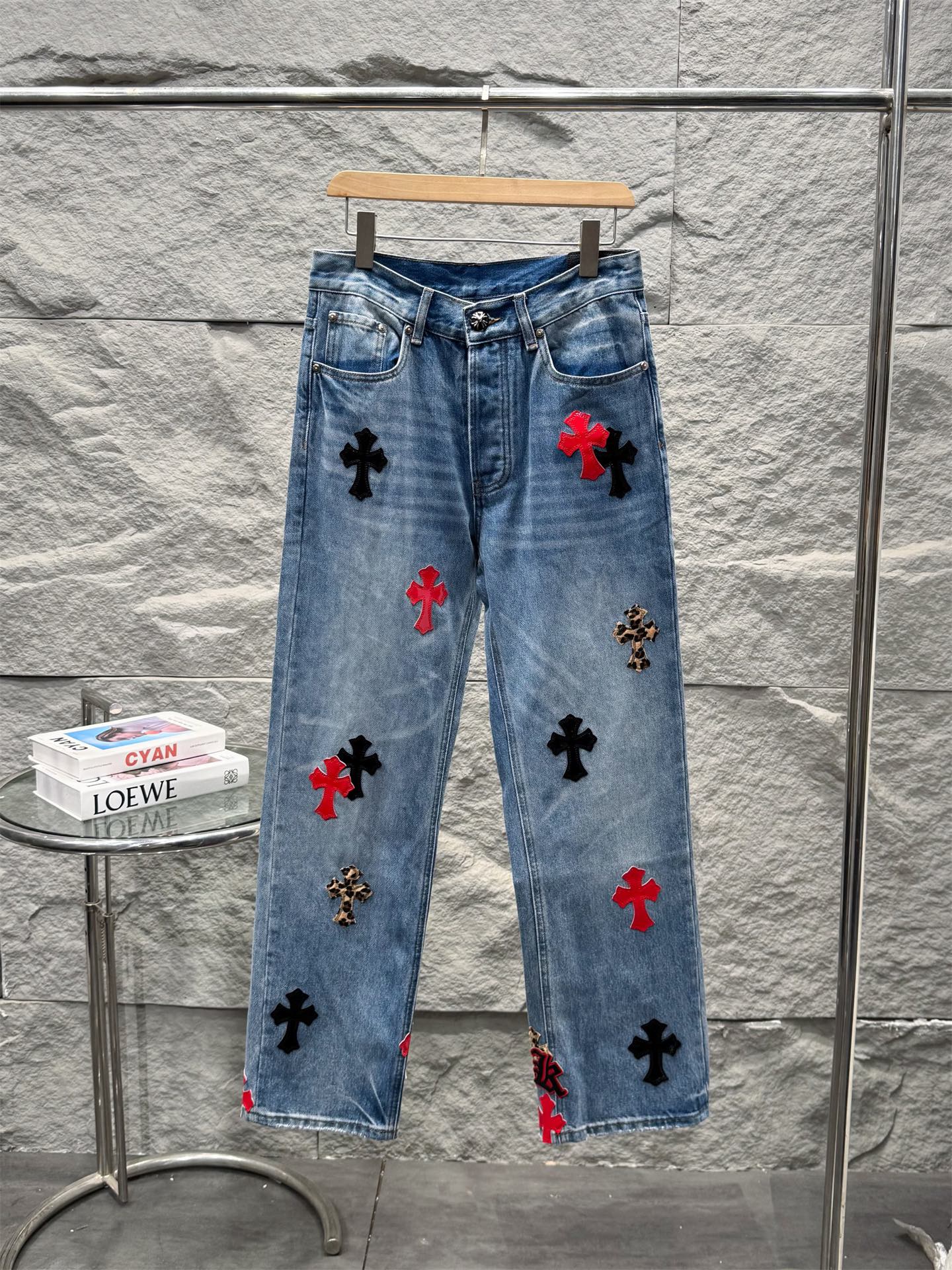 Chrome Hearts Red & Black Cross Patchwork Denim Jeans