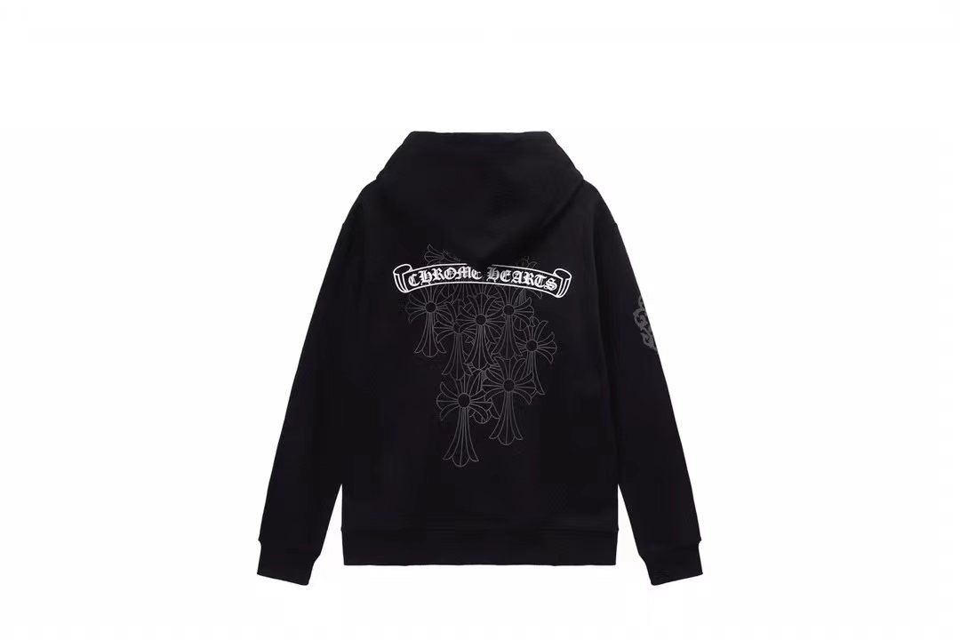 Y34—P103
克罗心连帽卫衣拉链外套男女同款。釆用420克毛圈纯棉面料。定制五金拉链。黑白S-XL