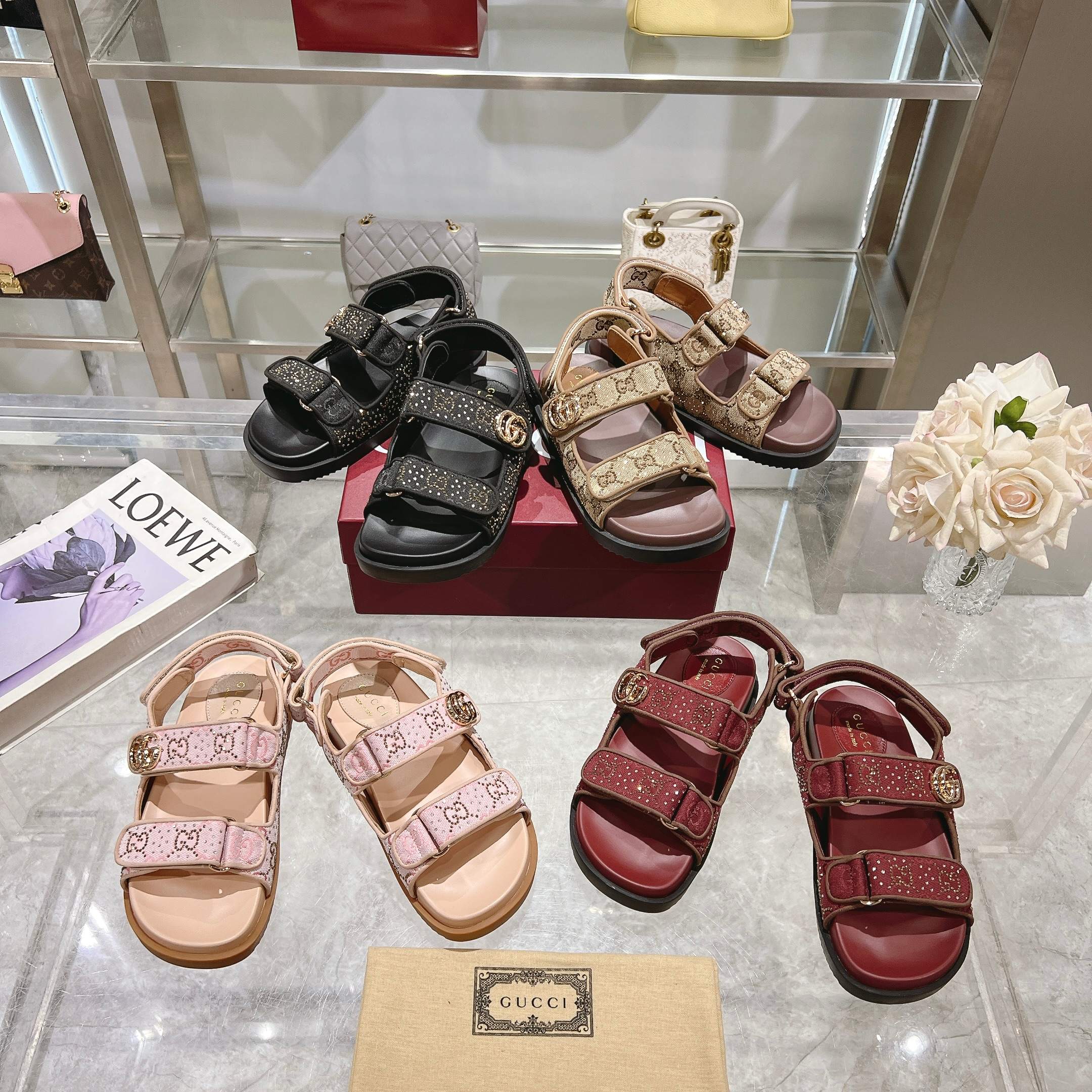 Gucci Pink Crystal Canvas Sandals with Double G Accent, Hook-and-Loop Closure 10 a1737312569044 8760