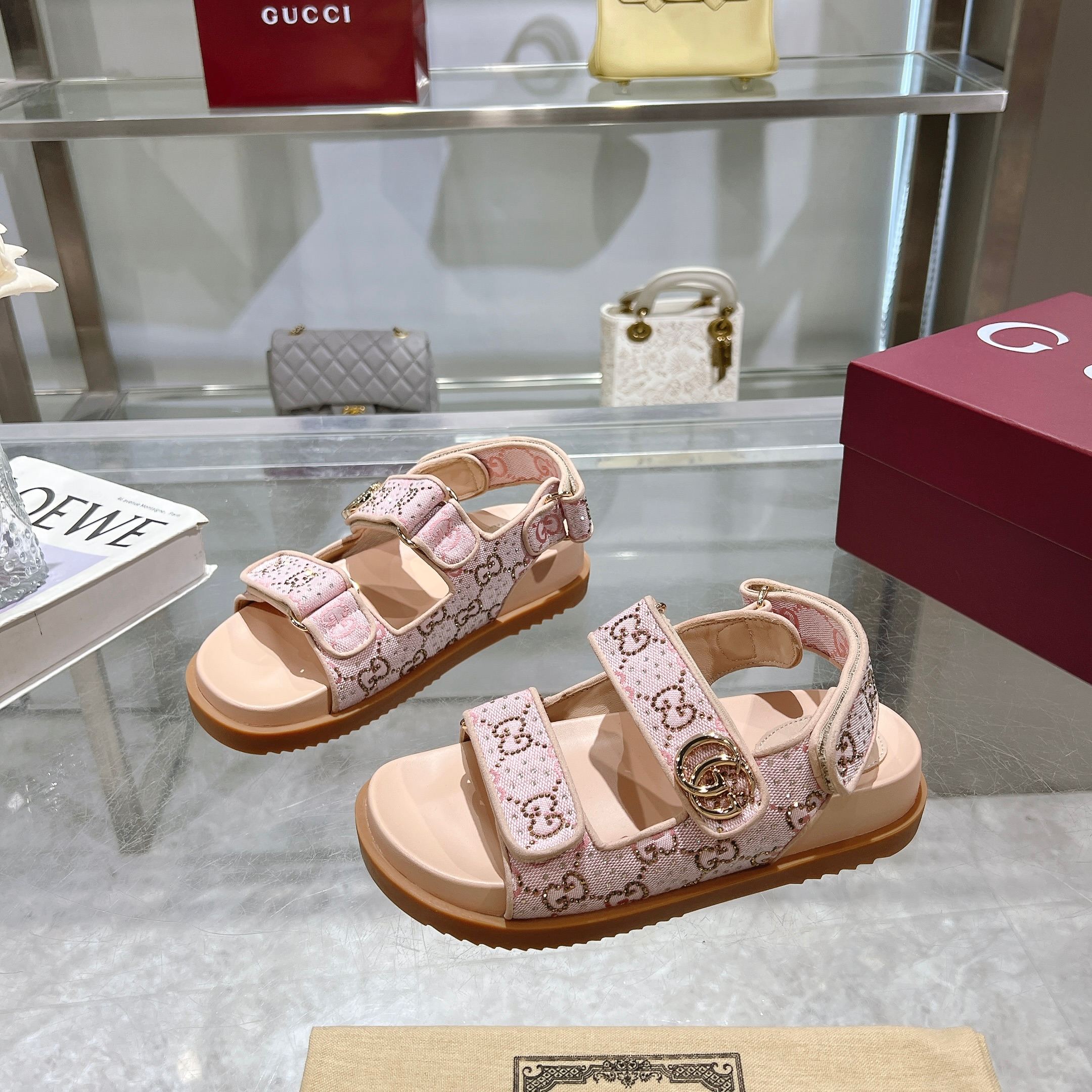 Gucci Pink Crystal Canvas Sandals with Double G Accent, Hook-and-Loop Closure 2 a1737312855084 6107