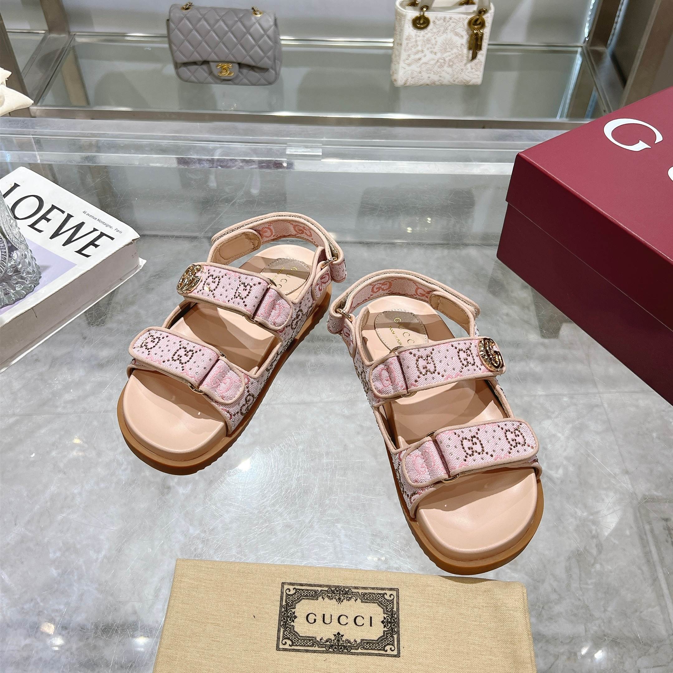 Gucci Pink Crystal Canvas Sandals with Double G Accent, Hook-and-Loop Closure 3 a1737312855334 2775
