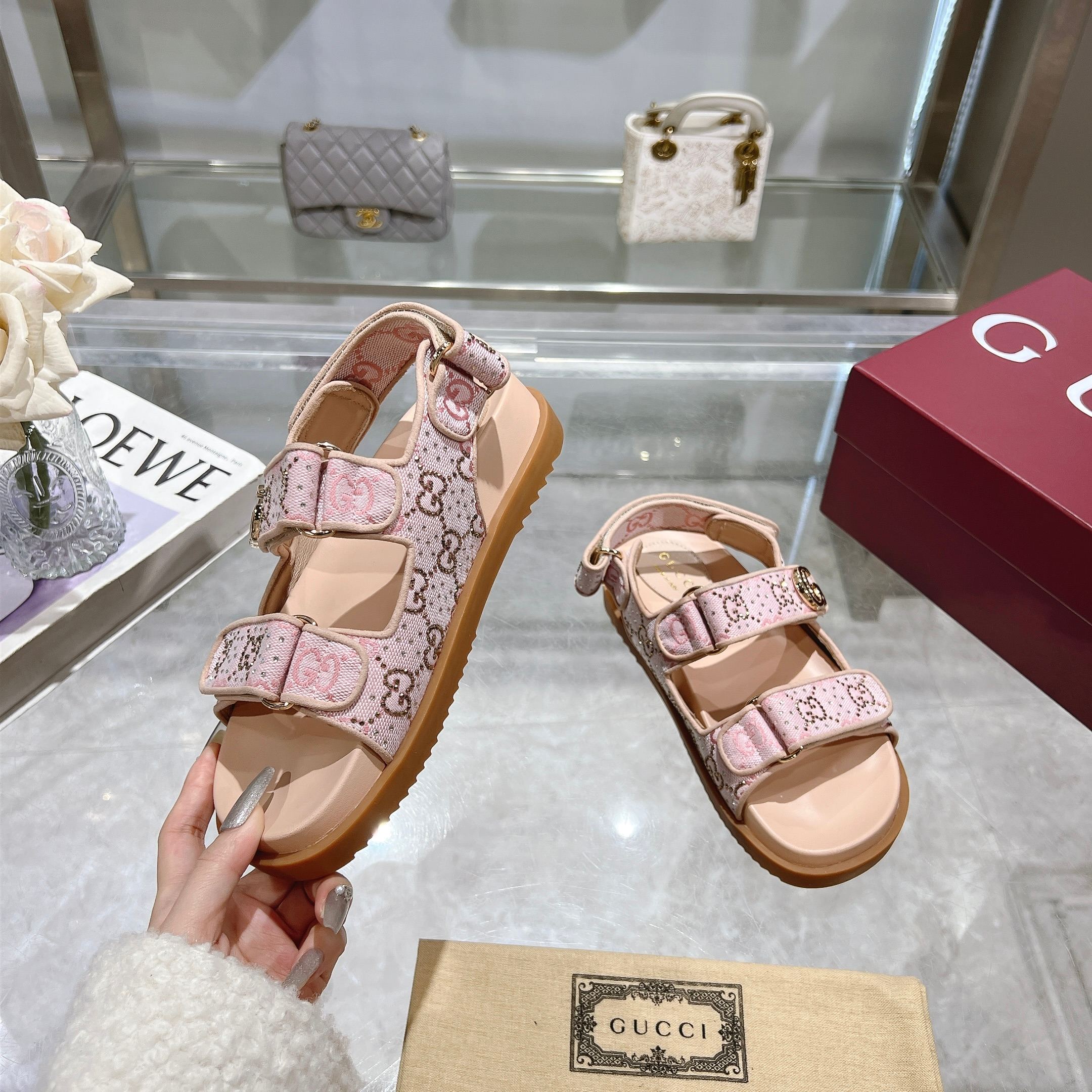 Gucci Pink Crystal Canvas Sandals with Double G Accent, Hook-and-Loop Closure 4 a1737312855382 1125