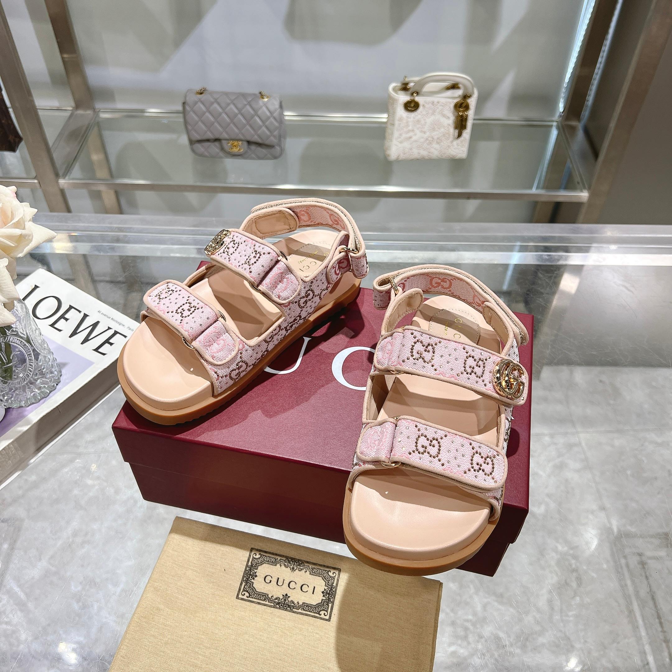 Gucci Pink Crystal Canvas Sandals with Double G Accent, Hook-and-Loop Closure 5 a1737312855478 6255