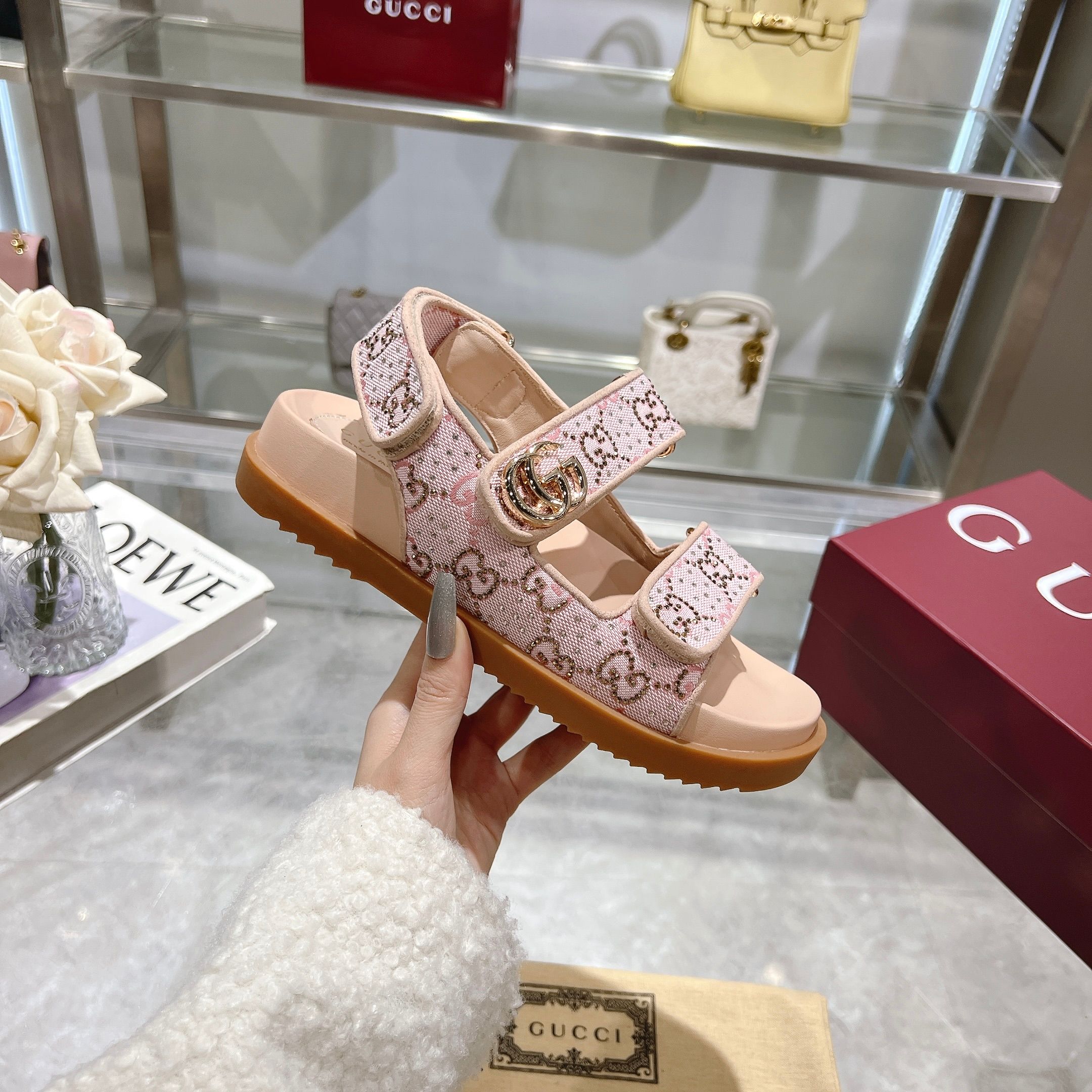 Gucci Pink Crystal Canvas Sandals with Double G Accent, Hook-and-Loop Closure 6 a1737312855529 6601